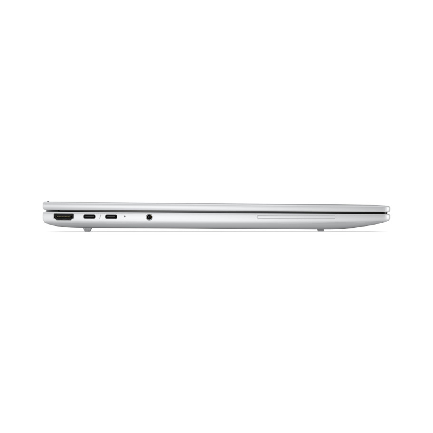 Vista laterale sinistra di un laptop argentato chiuso con porta HDMI, porte USB-C e jack audio su sfondo bianco.