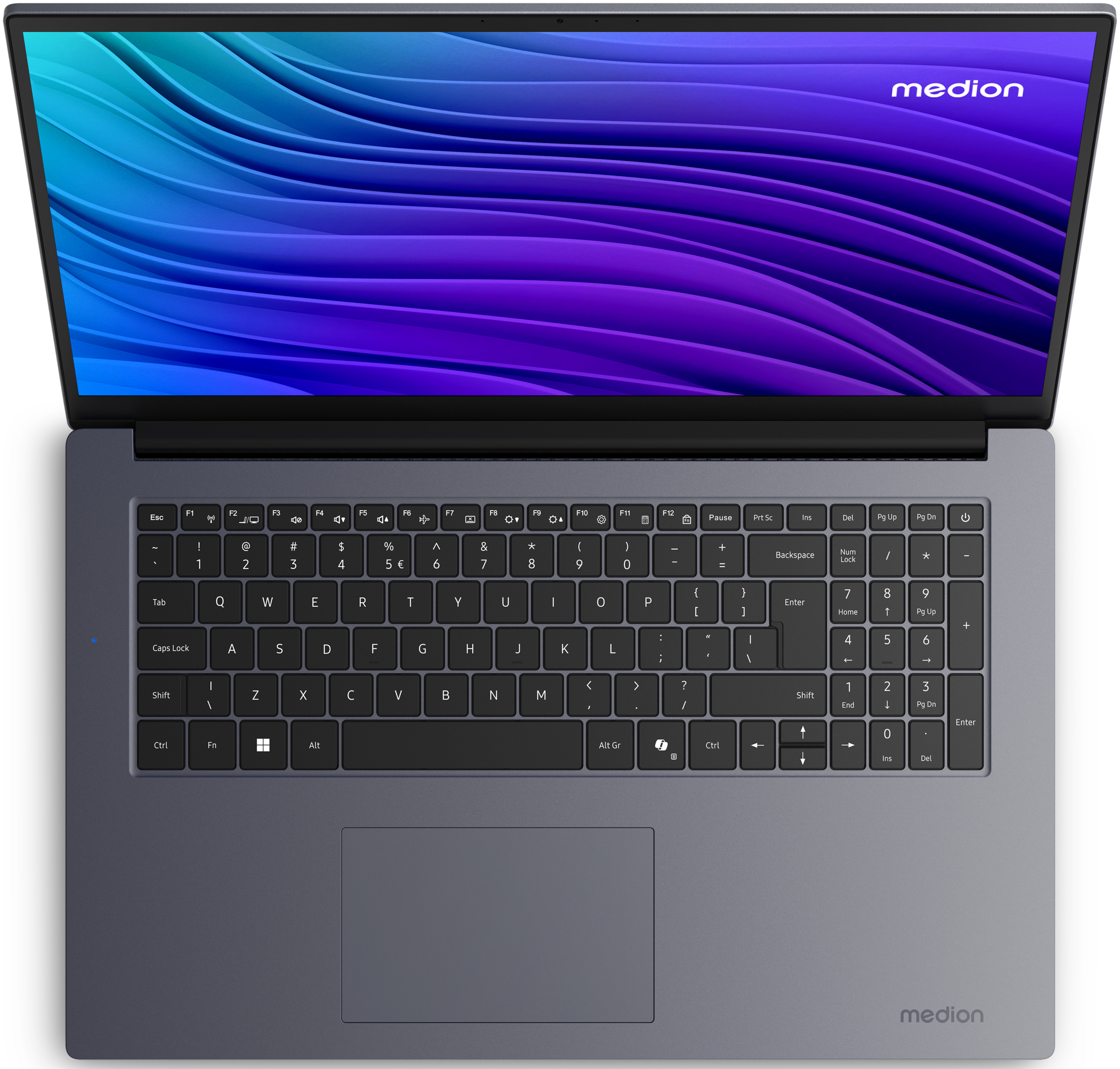 Vue de dessus d'un ordinateur portable Medion gris avec écran bleu et violet, et clavier complet avec pavé numérique.