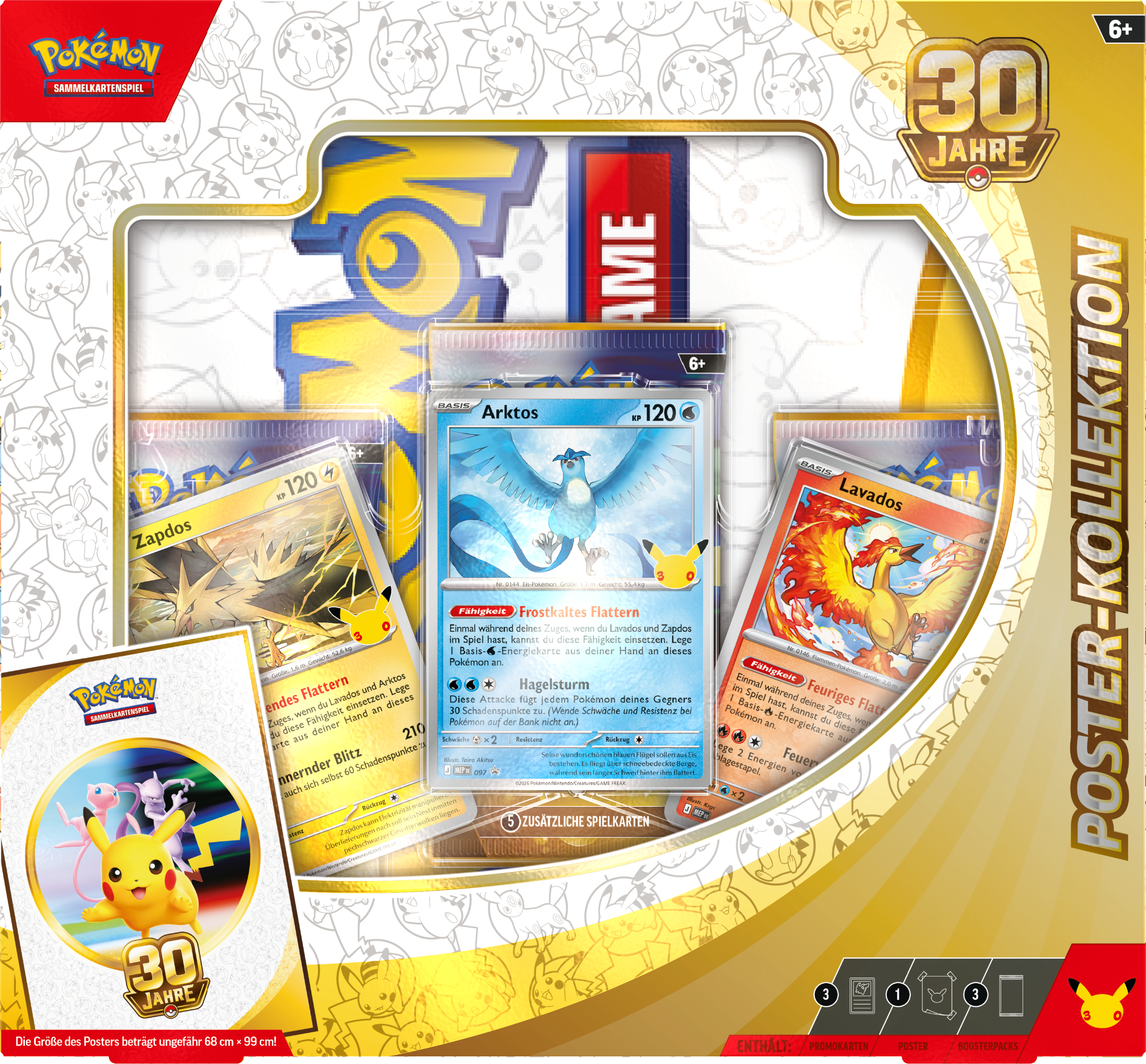 Pokémon Poster-Kollektion Box mit Arktos-, Zapdos- und Lavados-Promokarten und 30 Jahre Jubiläumslogo.