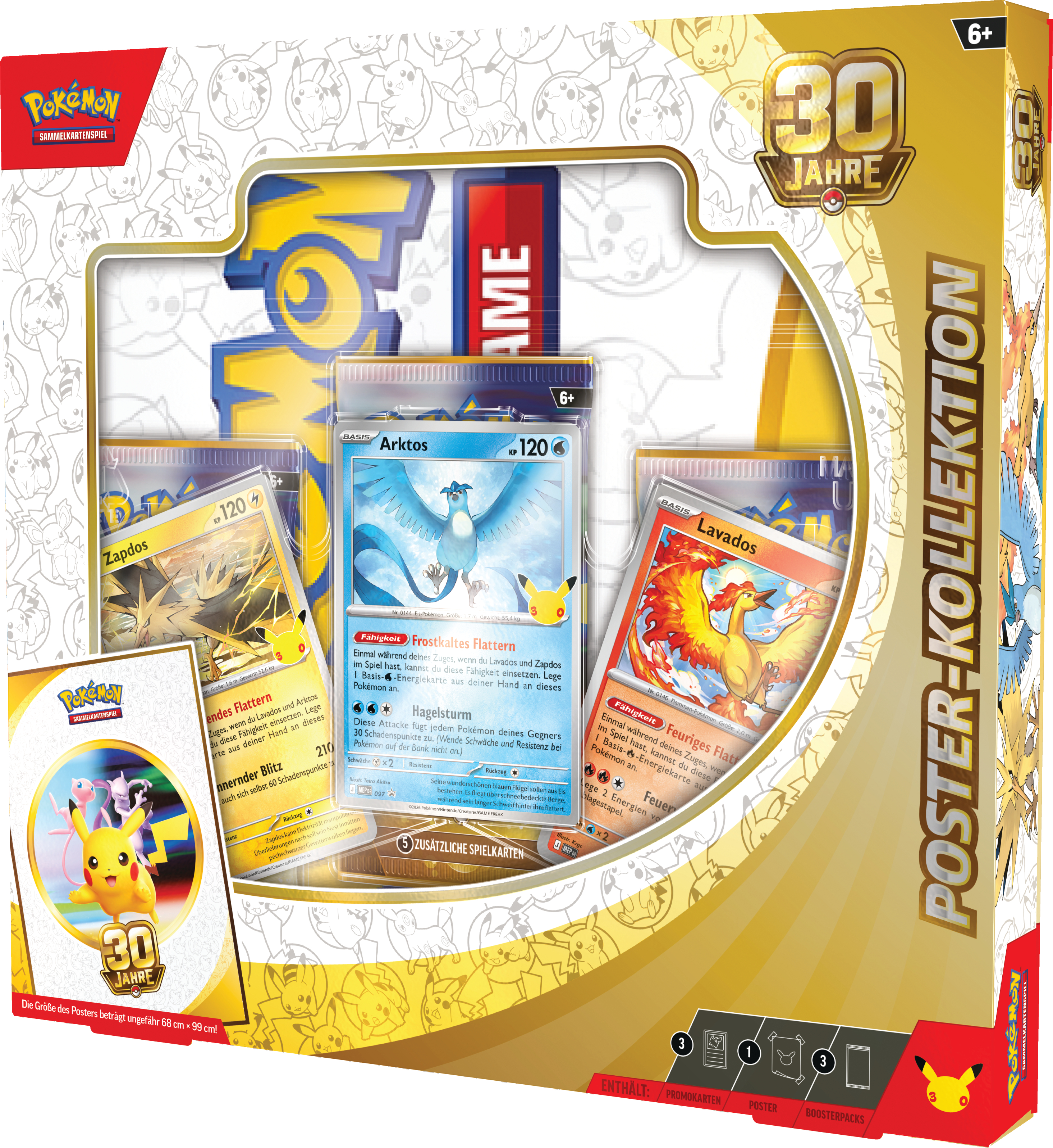 Pokémon Poster-Kollektion Box mit Zapdos, Arktos, Lavados und Pikachu Karten in goldener und roter Verpackung.