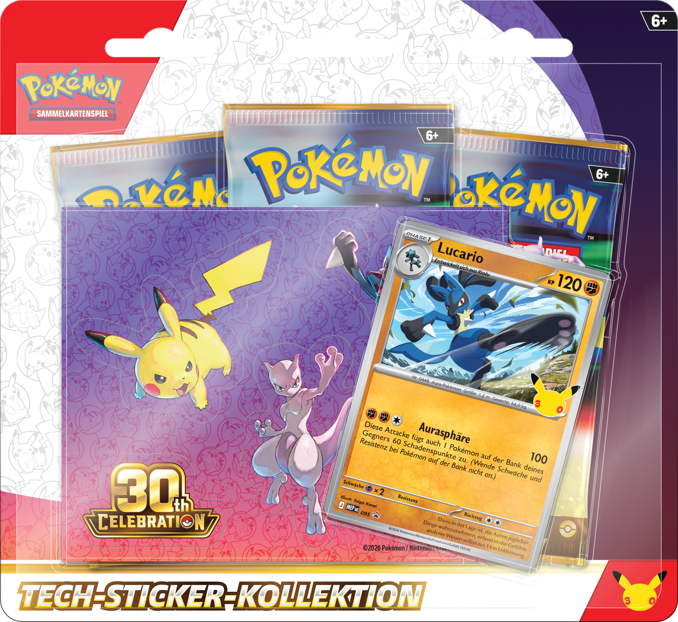Eine Pokémon 30th Celebration Tech-Sticker-Kollektion mit Booster-Packs, einer Lucario-Karte und Stickern.