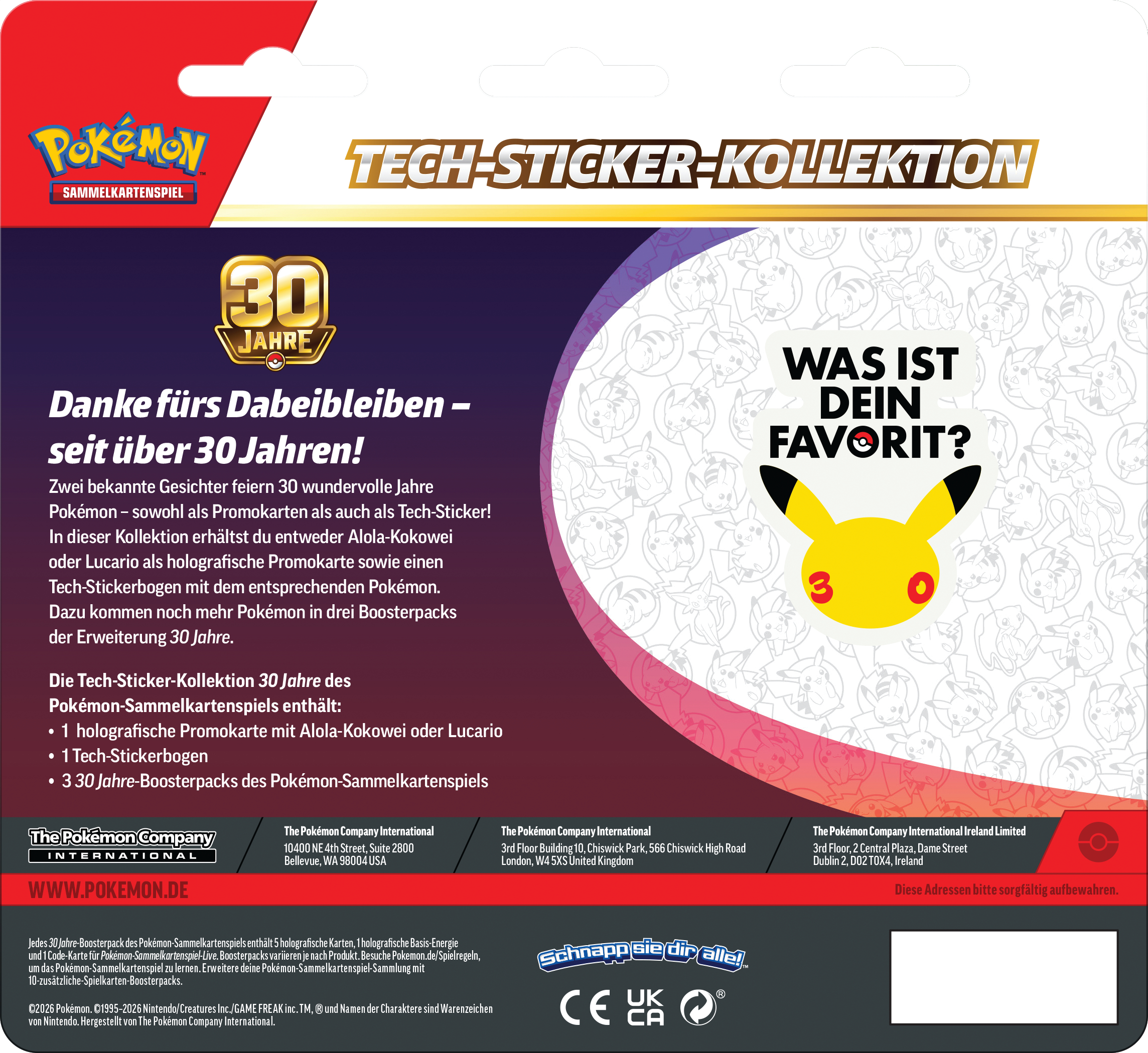 Rückseite der Pokémon Tech-Sticker-Kollektion 30 Jahre mit Pikachu-Grafik und deutscher Produktbeschreibung.