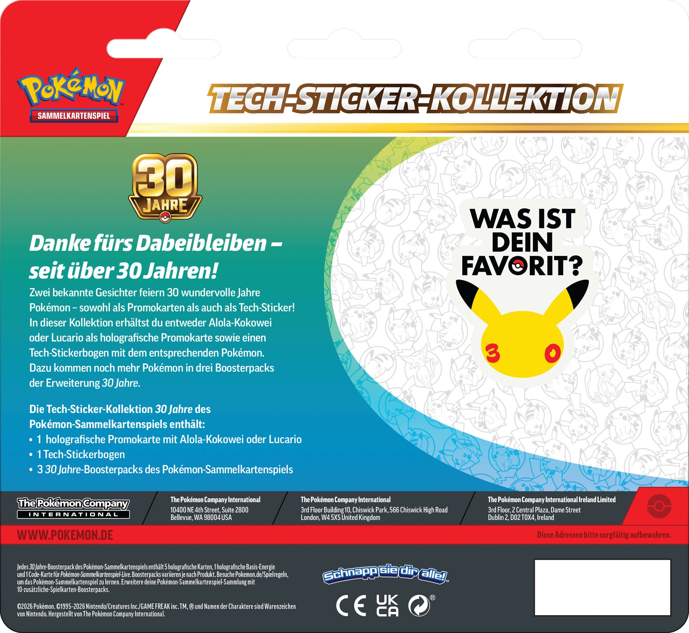 Rückseite einer Pokémon-Sammelkartenspiel Tech-Sticker-Kollektion in deutscher Sprache mit Pikachu-Motiv.