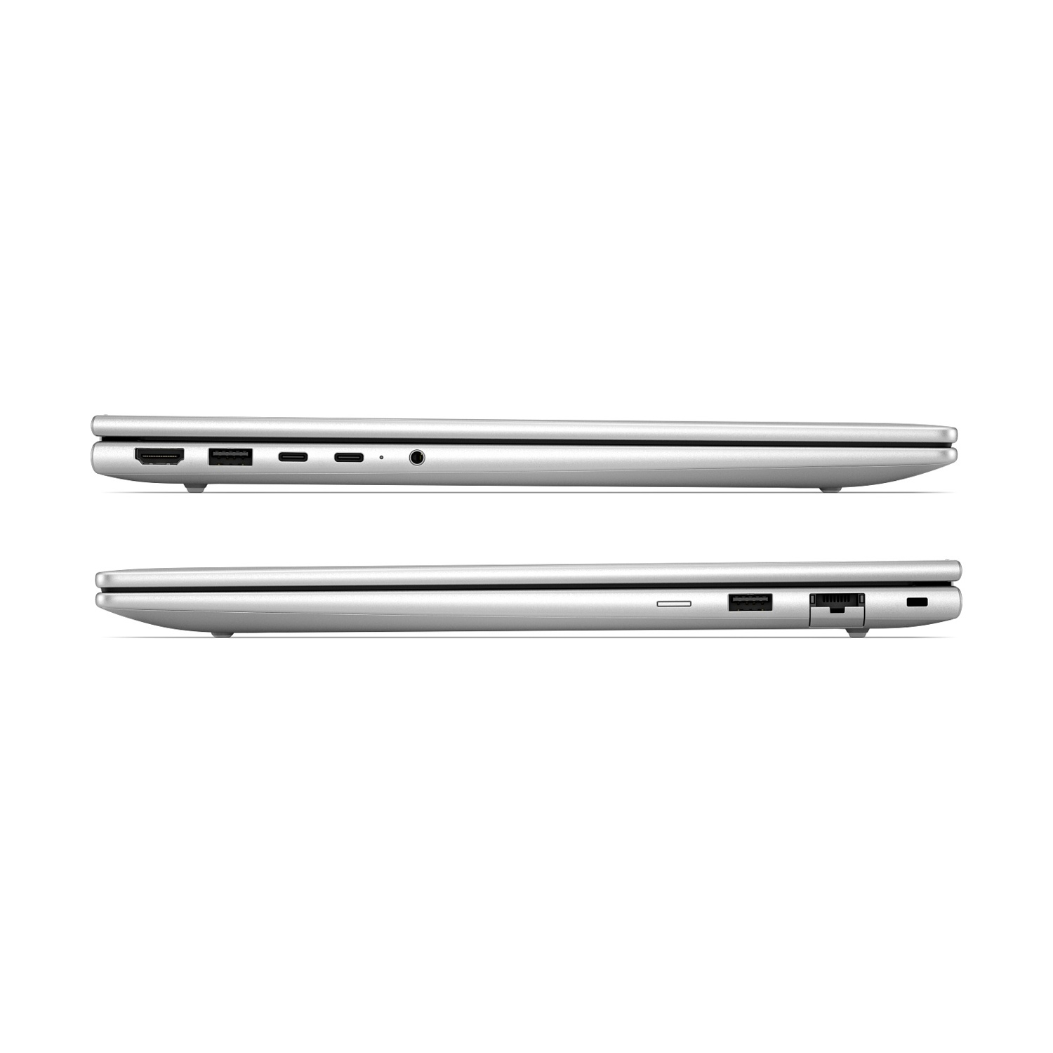 Vista laterale di un laptop argentato chiuso con varie porte su entrambi i lati su sfondo bianco.