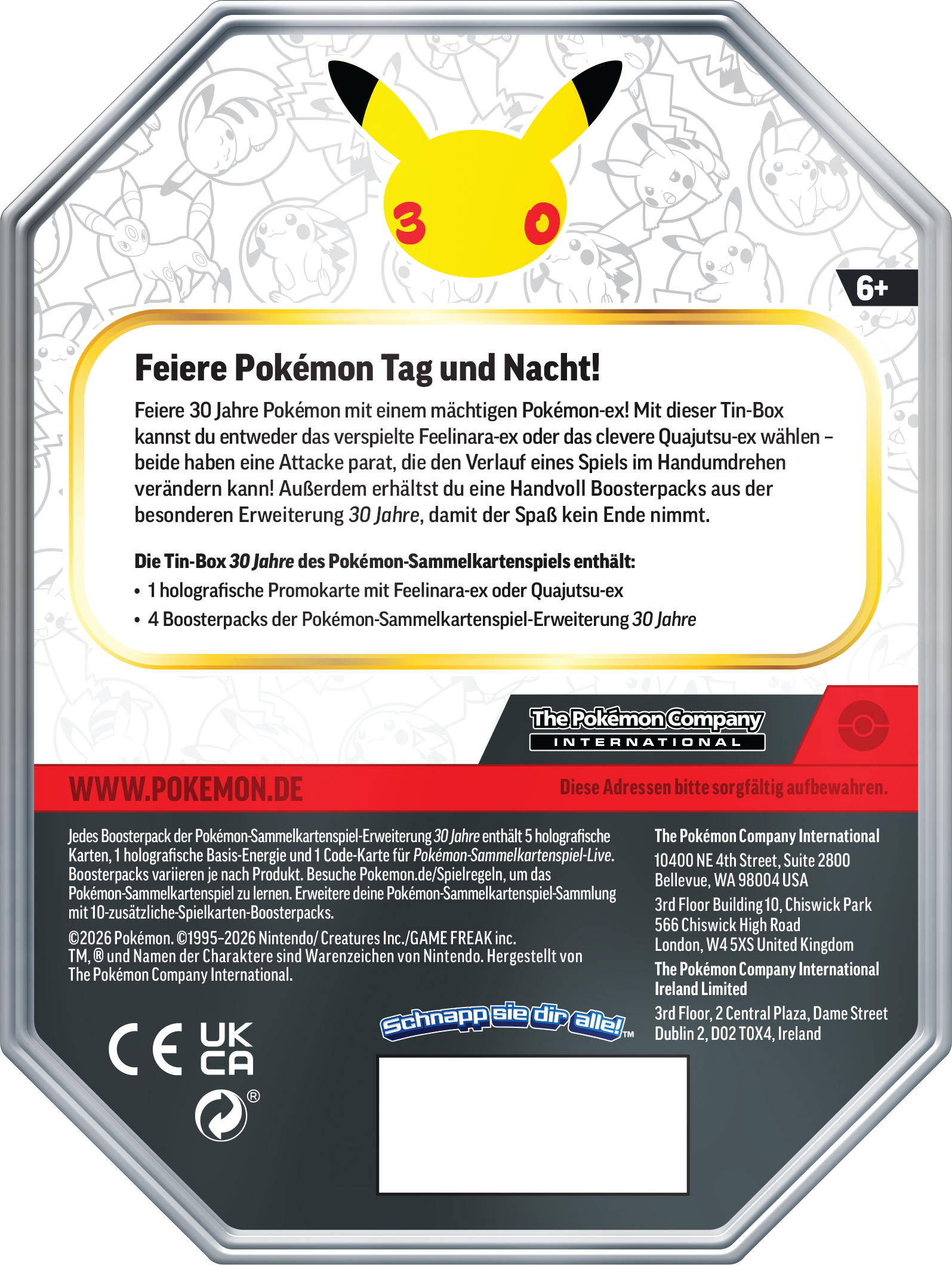 Rückseite einer Pokémon Tin-Box mit gelbem Pikachu-Kopf, deutscher Produktbeschreibung und Herstellerinfos.