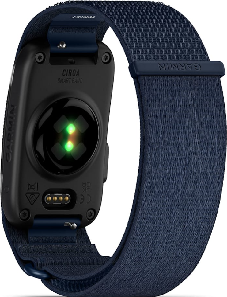 Dos d'une montre connectée Garmin avec capteurs et bracelet bleu.