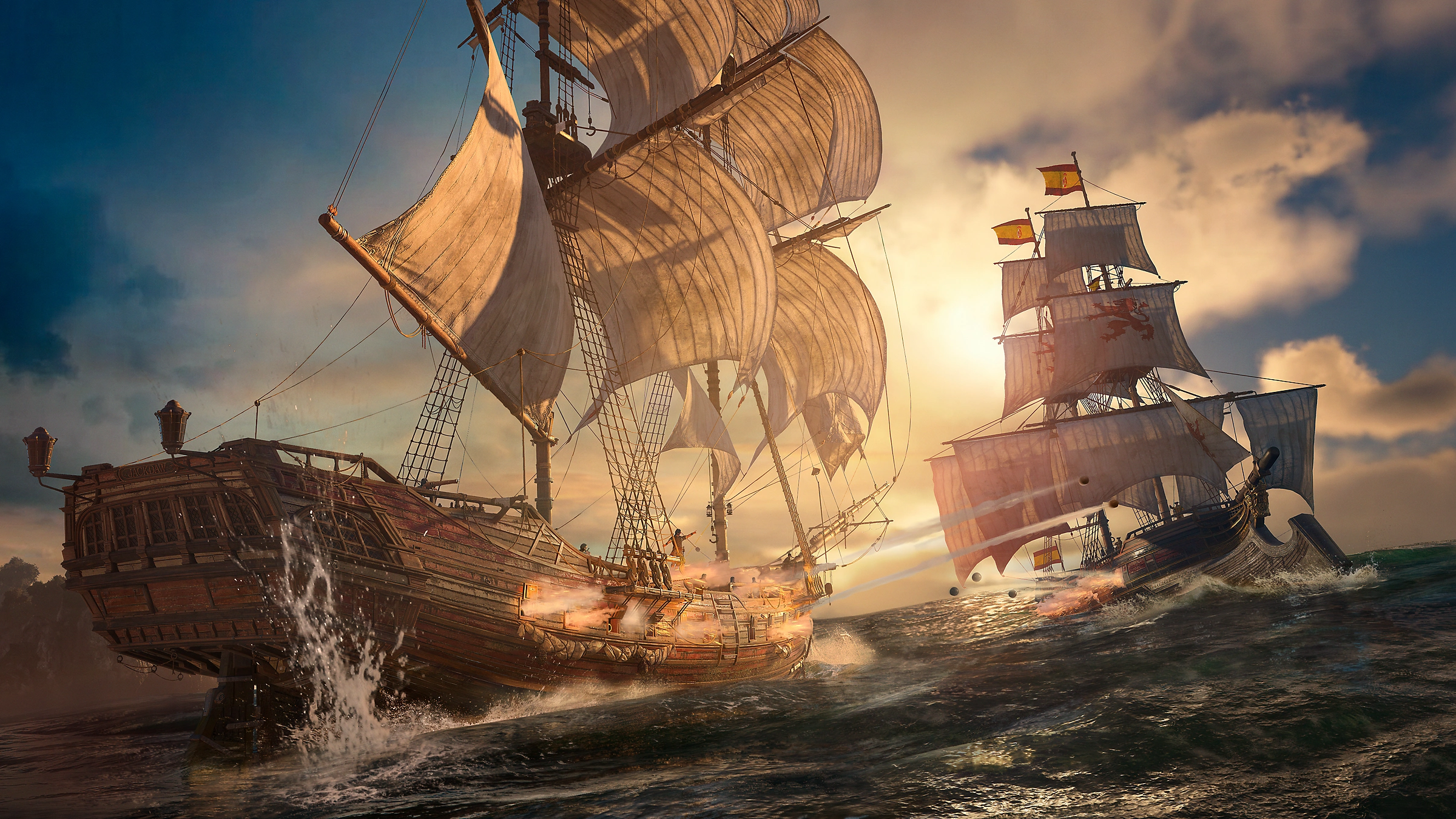 Due navi a vela storiche combattono in mari tempestosi, il fuoco dei cannoni illumina la scena al tramonto.