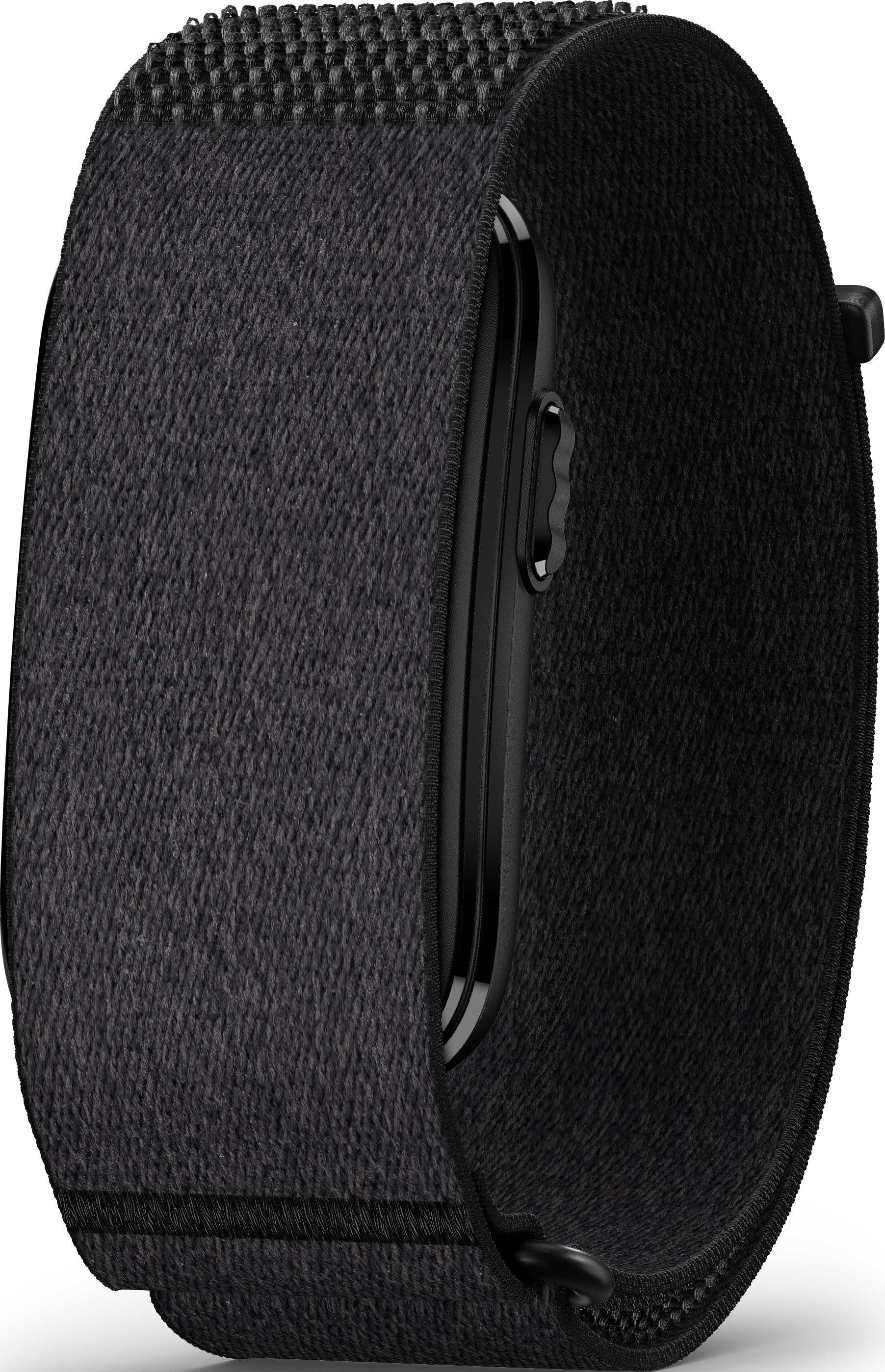 Bracelet de montre connectée tissé noir avec boîtier noir sur fond sombre.