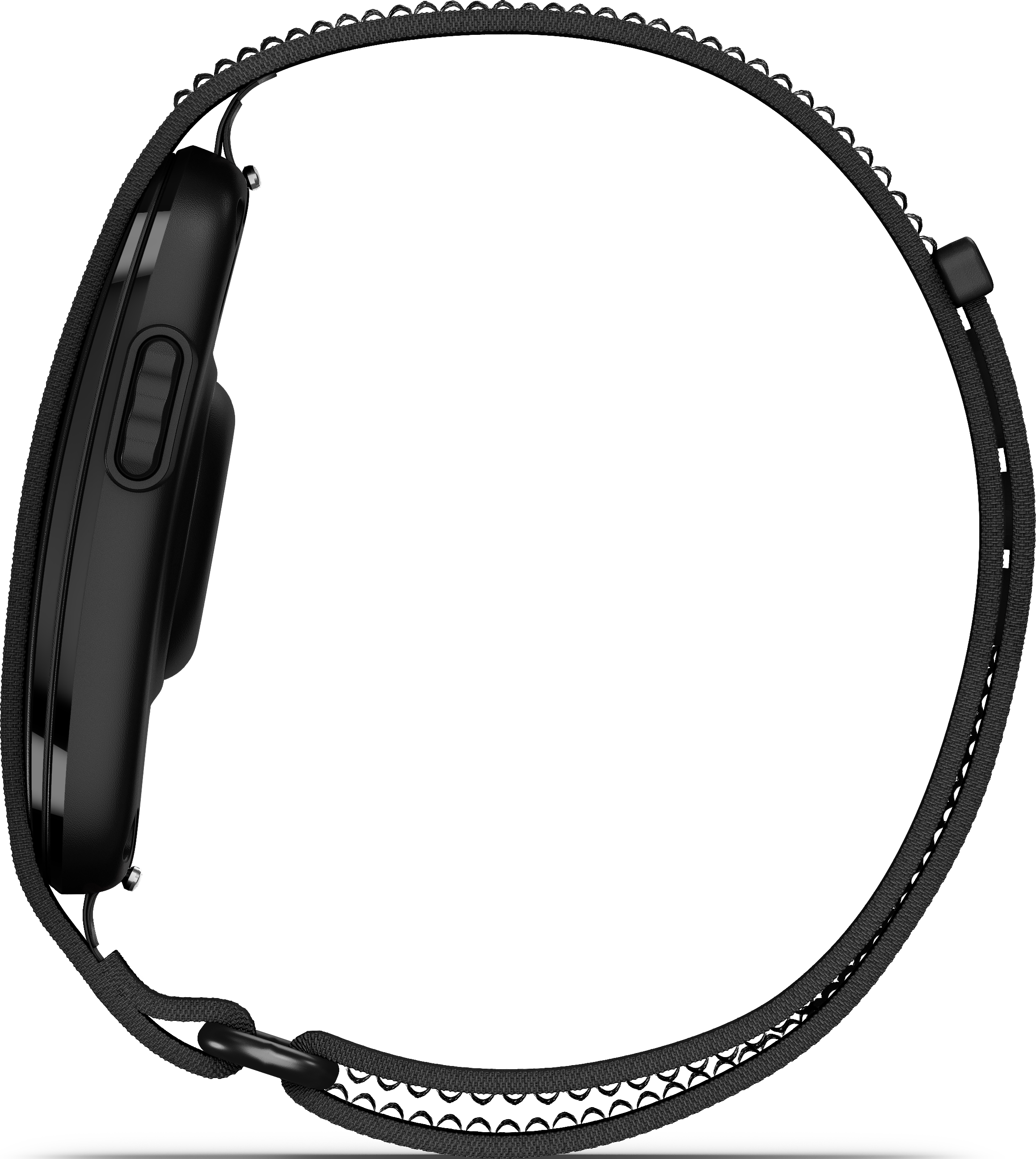 Une montre connectée noire avec un bracelet en tissu texturé, vue de côté sur fond noir.