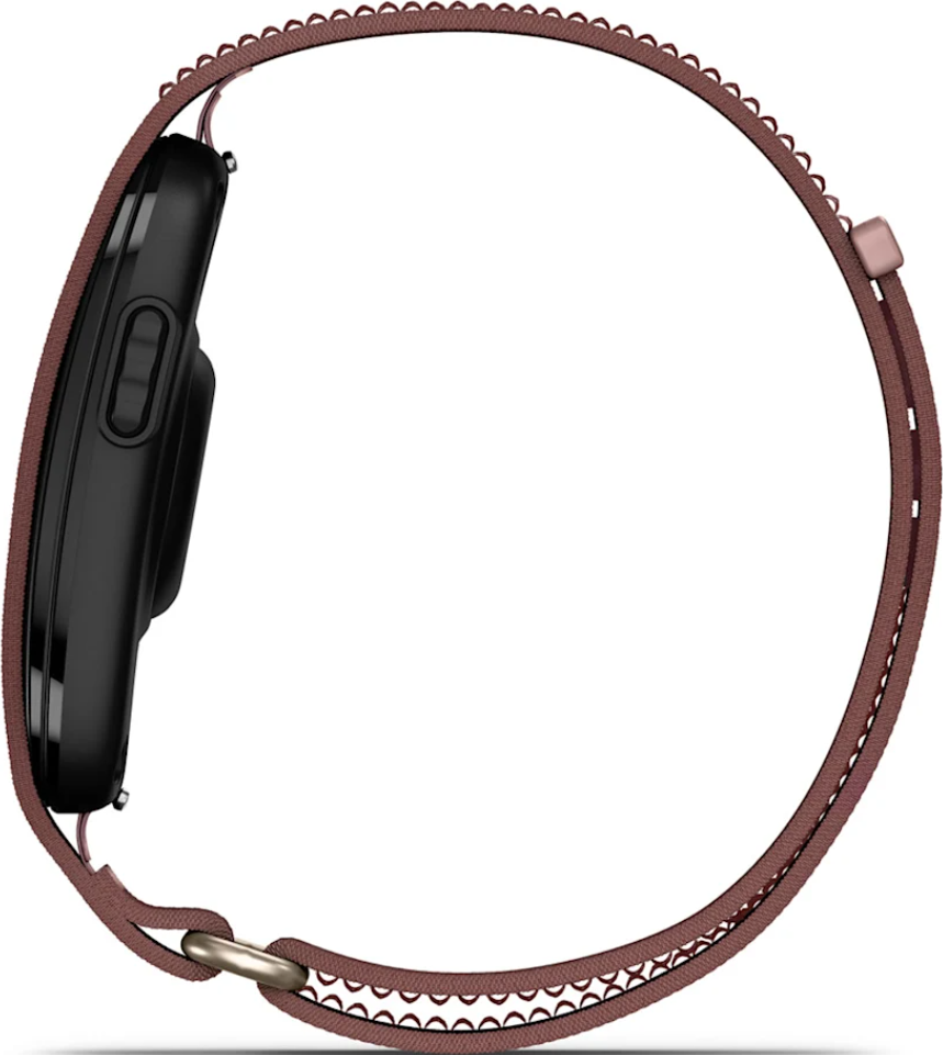 Montre connectÃ©e noire de profil avec un bracelet en tissu marron sur fond blanc.