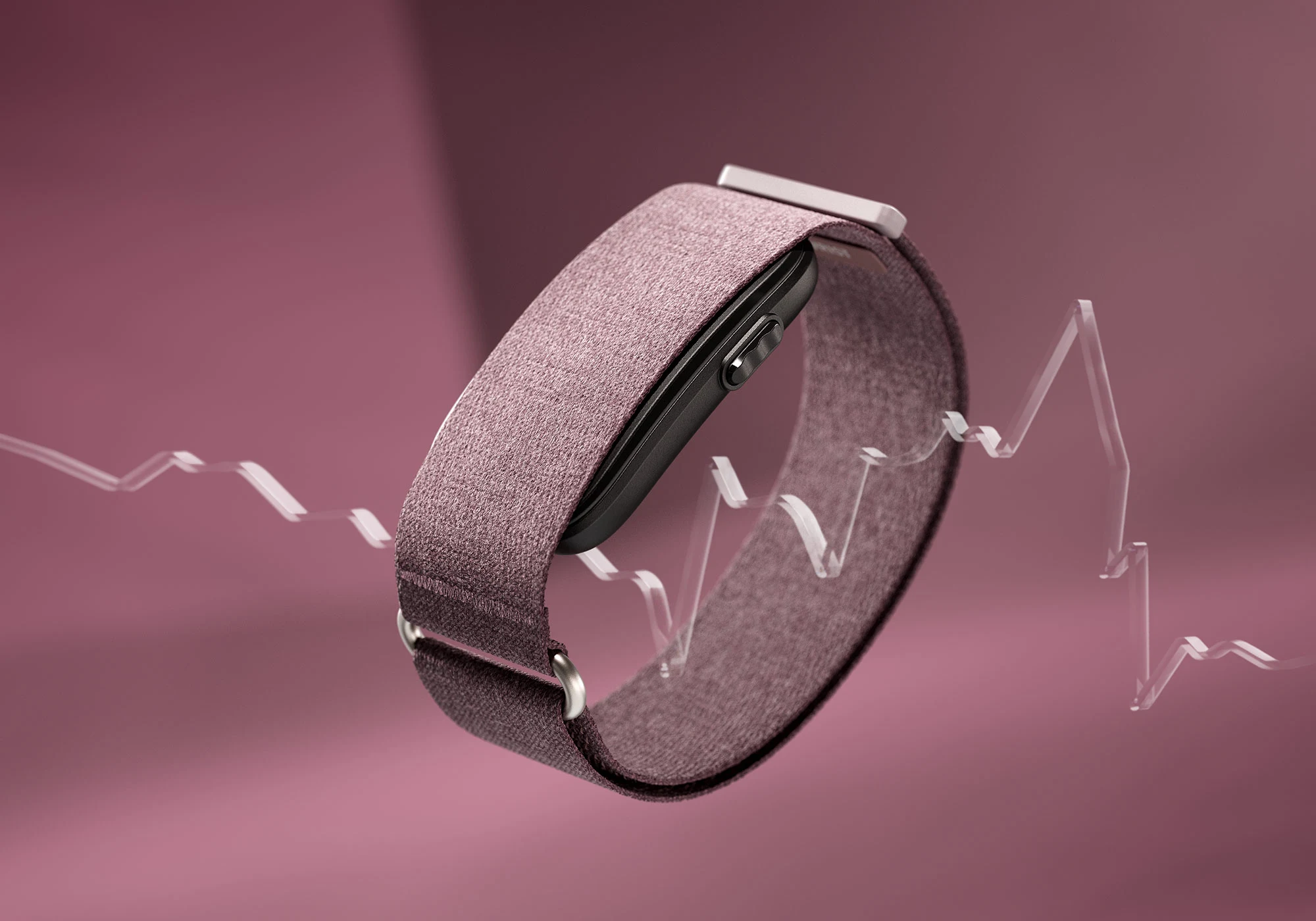 Un bracelet d'activité violet flotte sur fond rose, survolé par une ligne graphique en forme de vague.