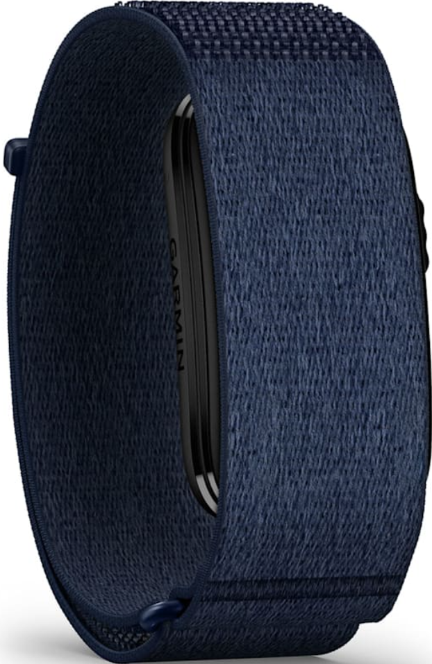 Un bracelet de montre de sport en tissu bleu marine avec un corps noir fin sur fond clair.