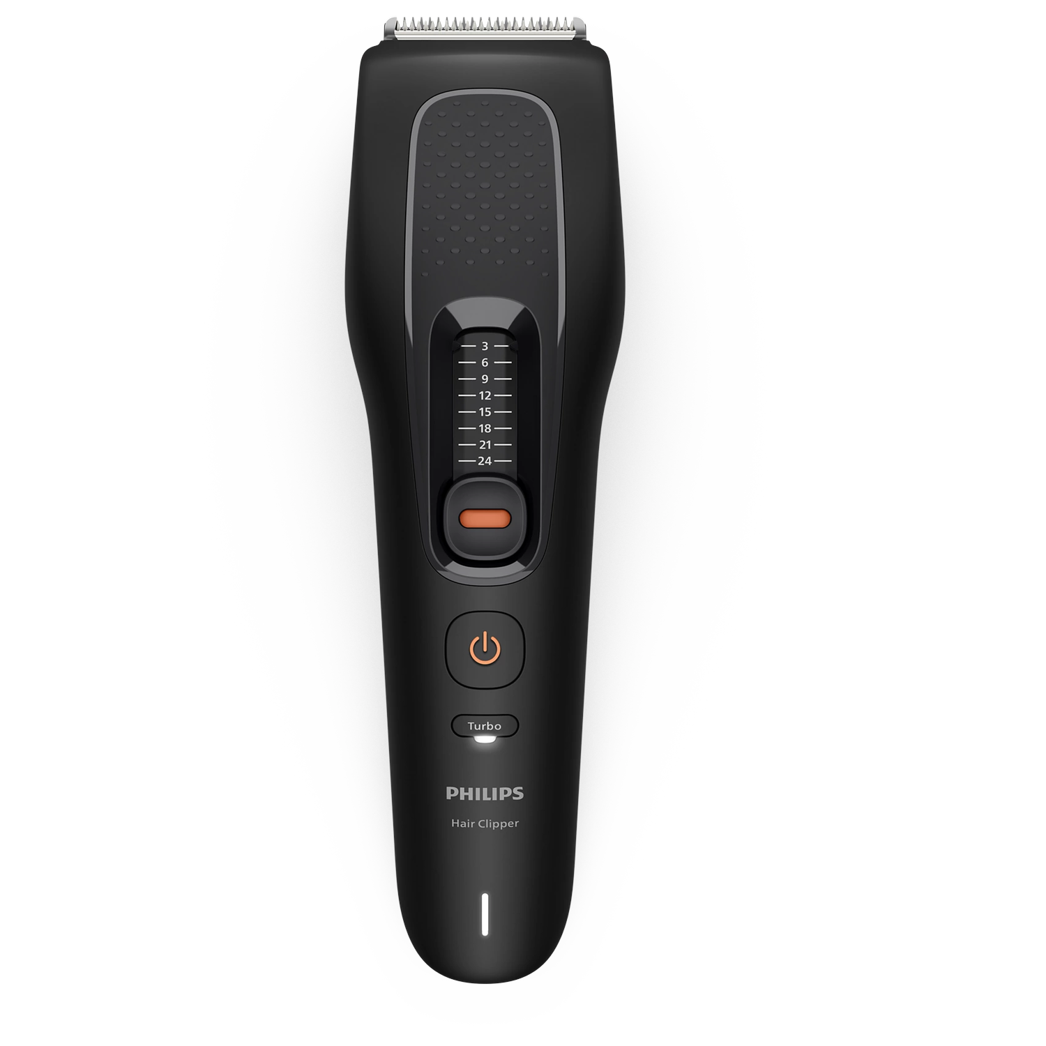 Tondeuse à cheveux Philips noire avec échelle de longueur, bouton d'alimentation orange et logo blanc sur fond noir.