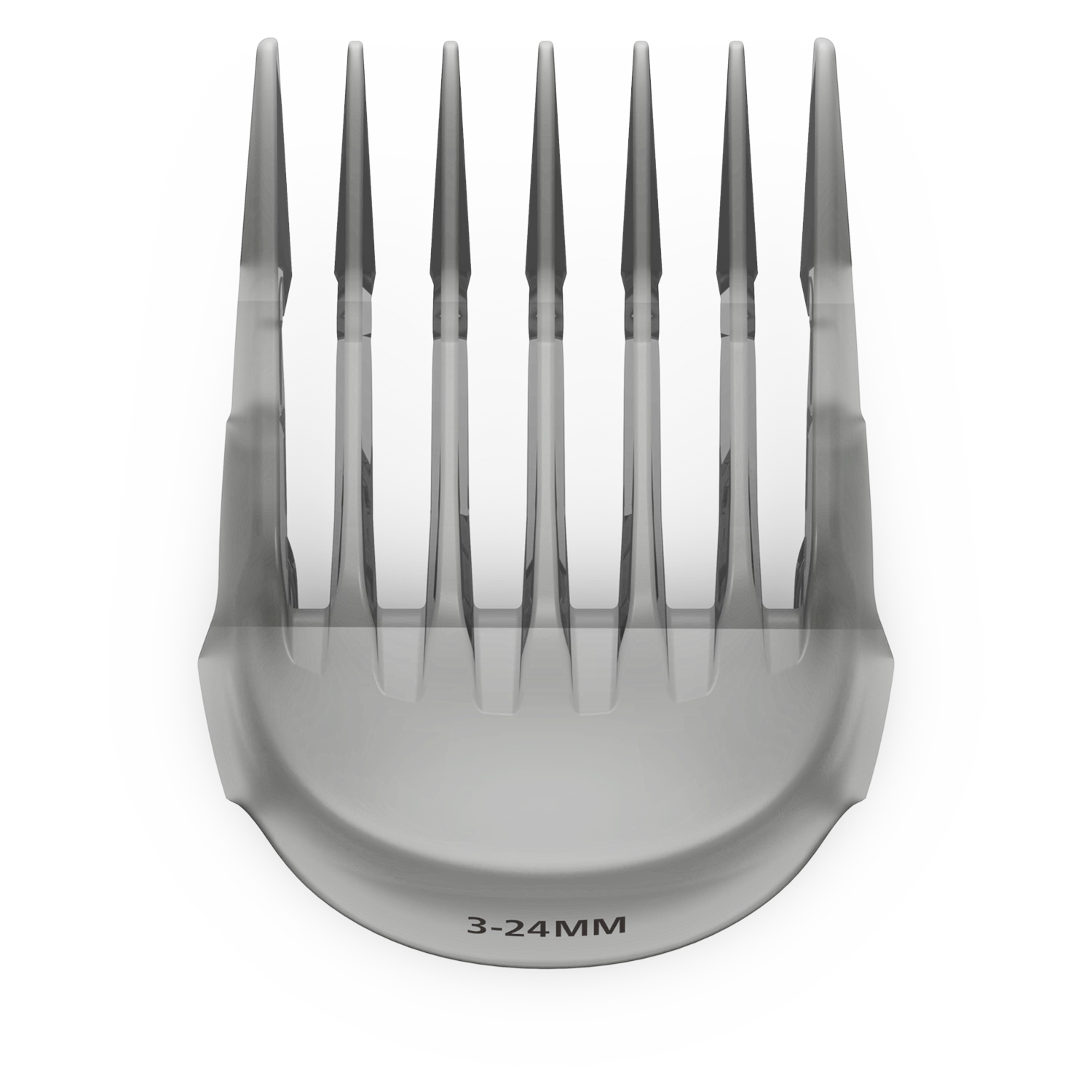 Un peigne guide de tondeuse à cheveux gris avec le texte 3-24MM sur fond noir.