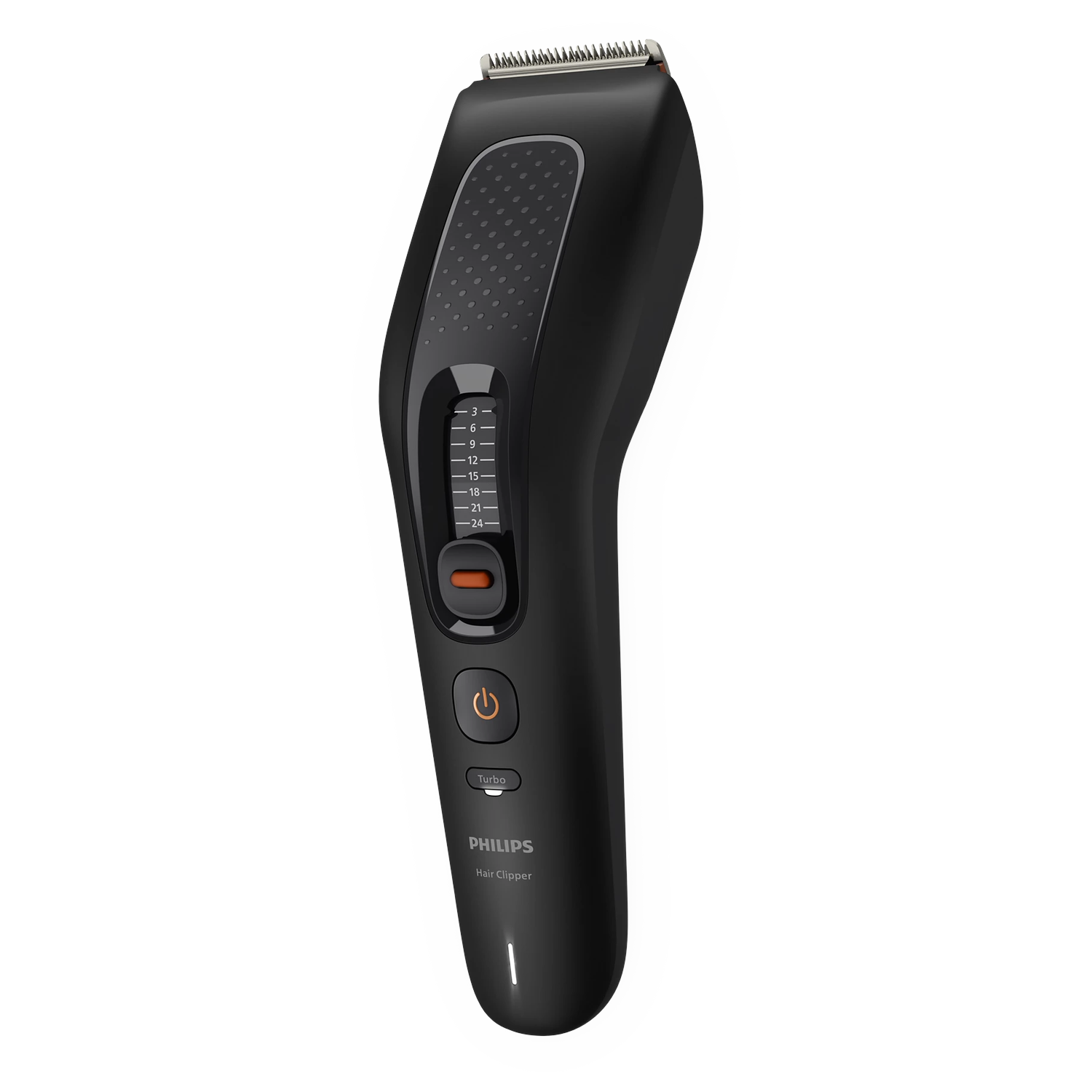 Tondeuse à cheveux Philips noire avec échelle de longueur et bouton d'alimentation orange sur fond noir.