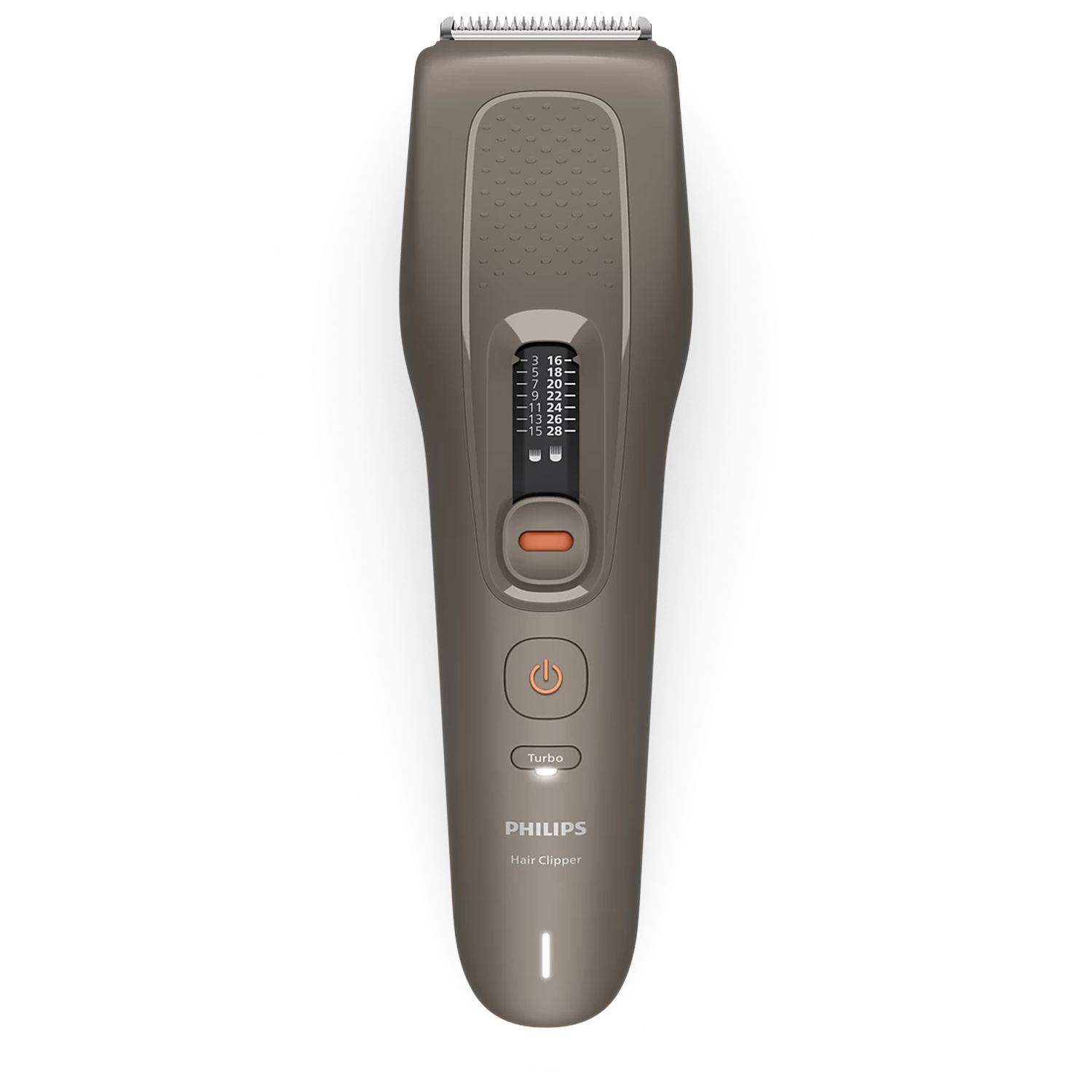 Tondeuse à cheveux Philips marron sur fond noir avec réglages de longueur.