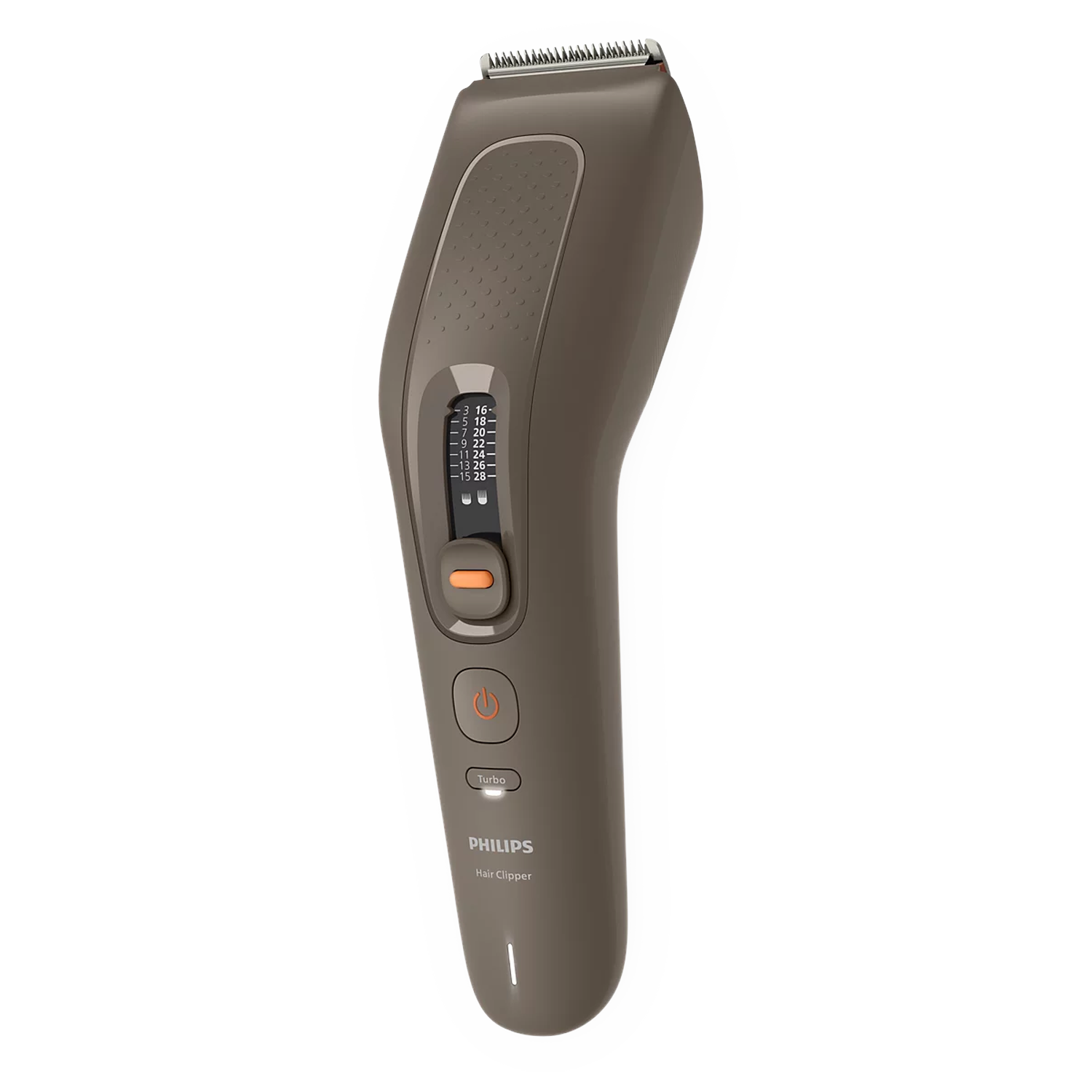 Tondeuse à cheveux Philips marron sur fond noir avec échelle de réglage de longueur.