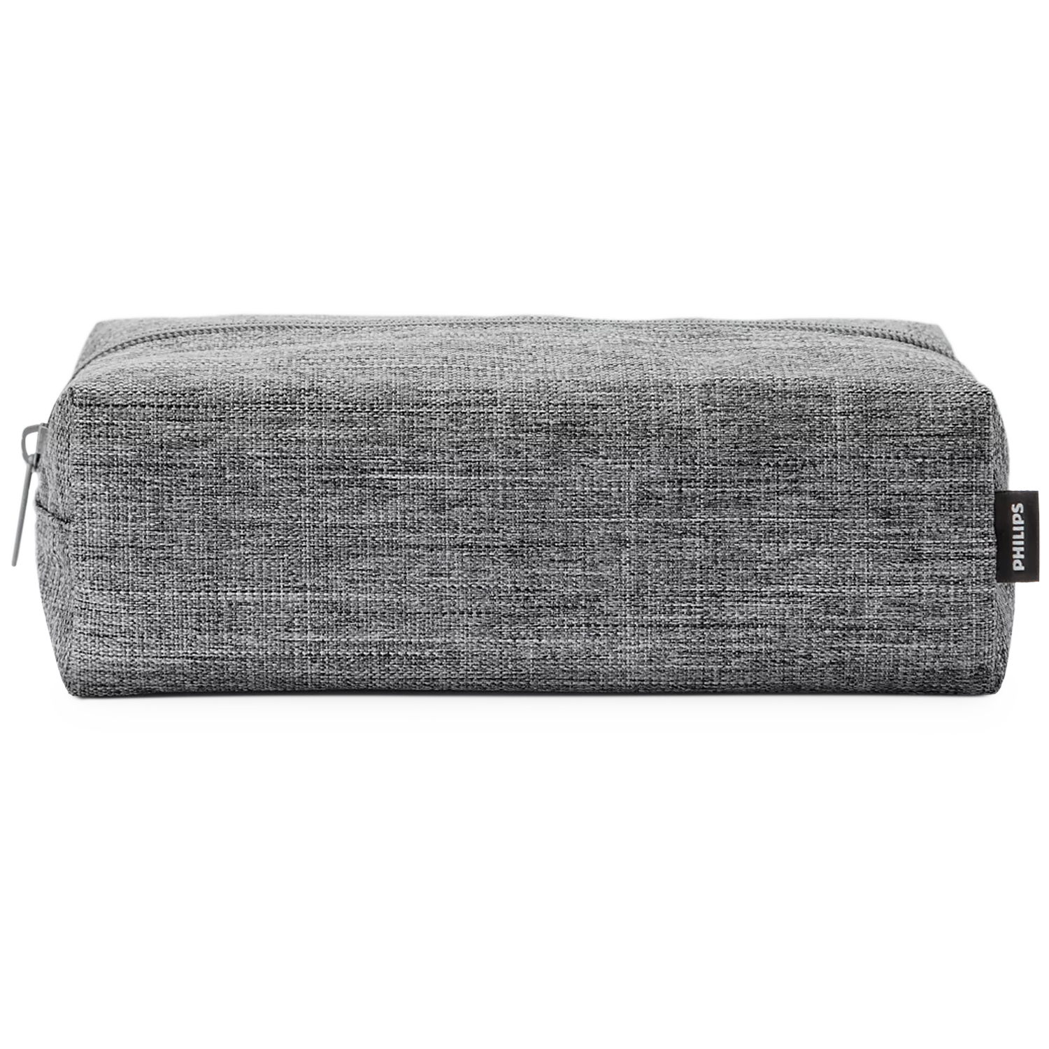 Une trousse de toilette en tissu gris avec le logo Philips sur fond noir.