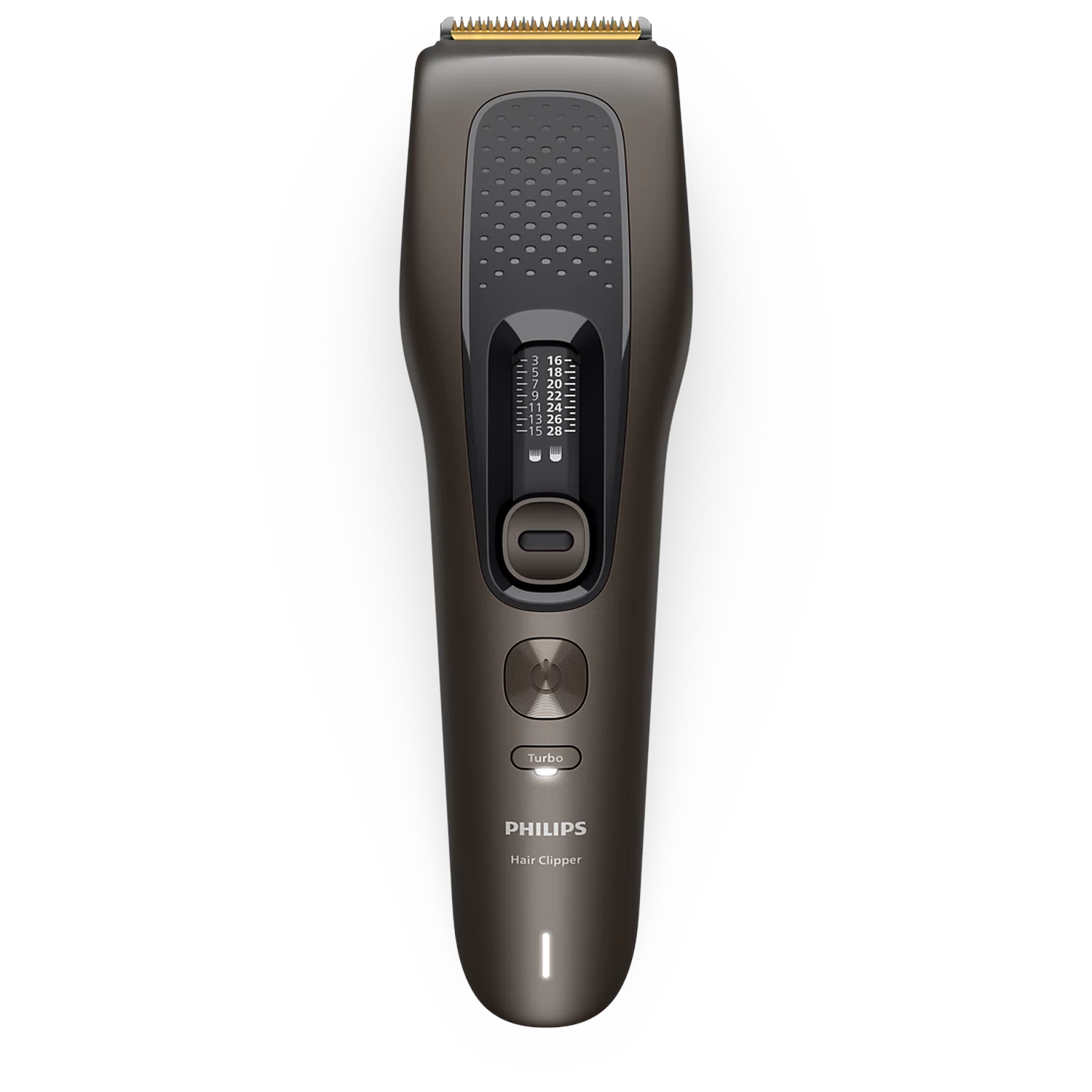 Een grijze Philips haartrimmer op een zwarte achtergrond met lengteschaal, aan/uit-knop en turbomodus.