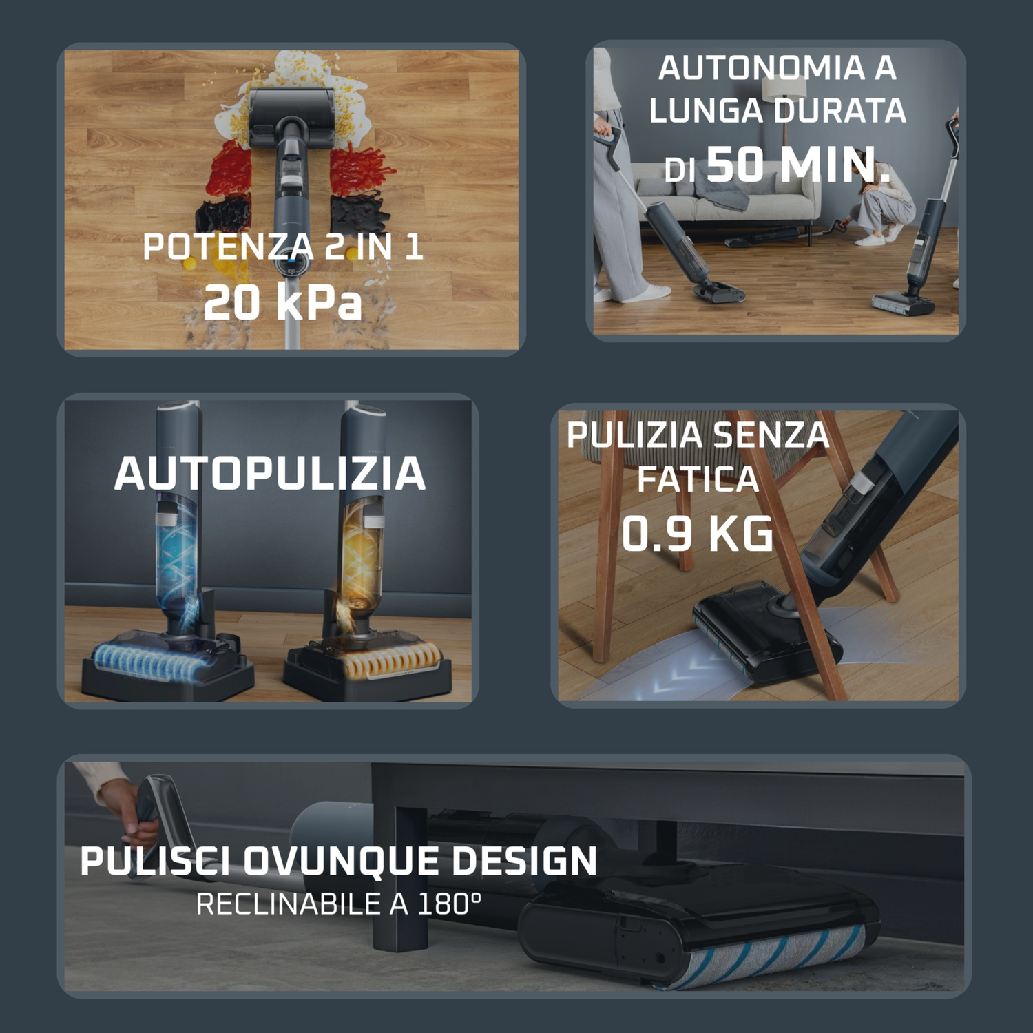 Immagine promozionale in cinque parti per un aspirapolvere senza fili con potenza, autonomia e design in evidenza.
