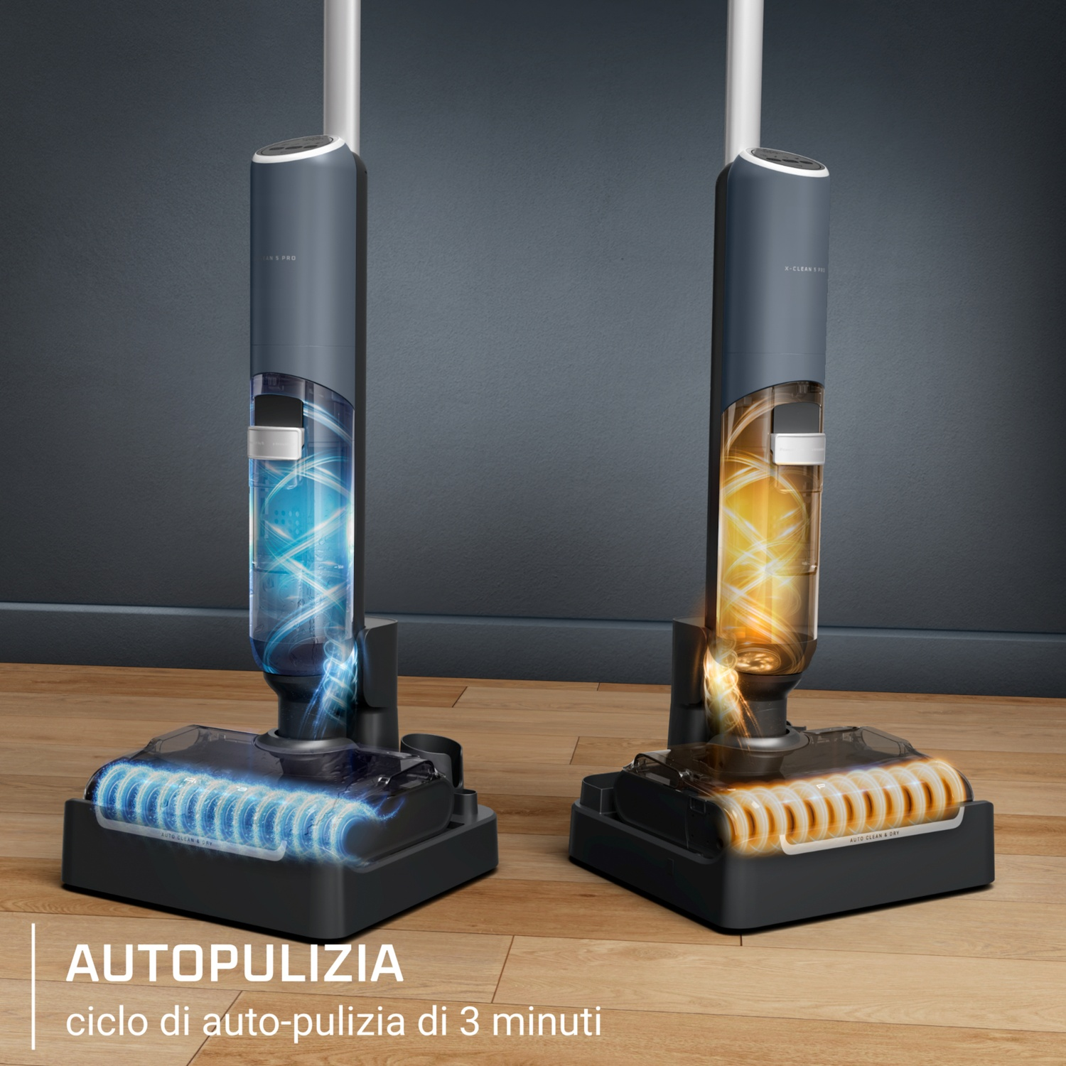 Due scope elettriche blu su pavimento in legno, una con acqua blu e una con asciugatura ad aria calda arancione.