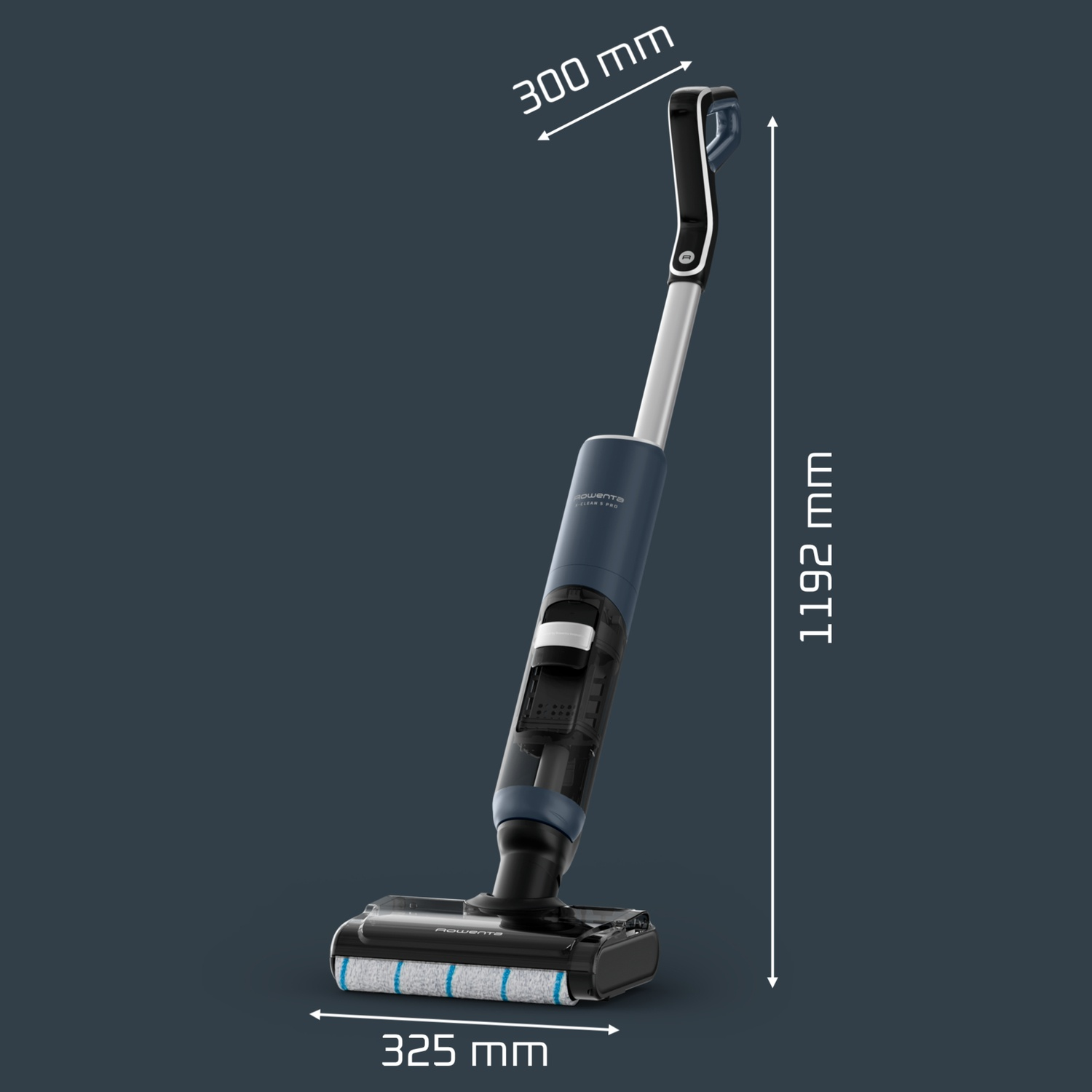 Aspirapolvere senza fili blu e nero con dimensioni: 1192 mm di altezza, 325 mm di larghezza alla base e 300 mm di profondità.