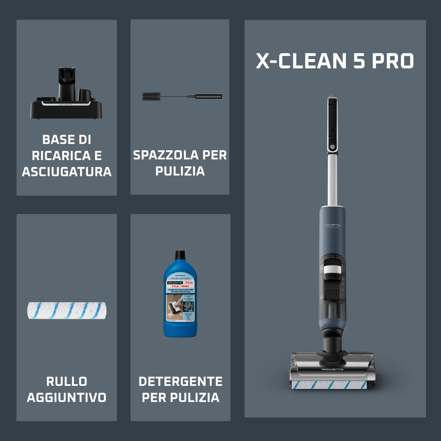 Aspirapolvere X-Clean 5 Pro con base di ricarica, spazzola, rullo aggiuntivo e detergente.
