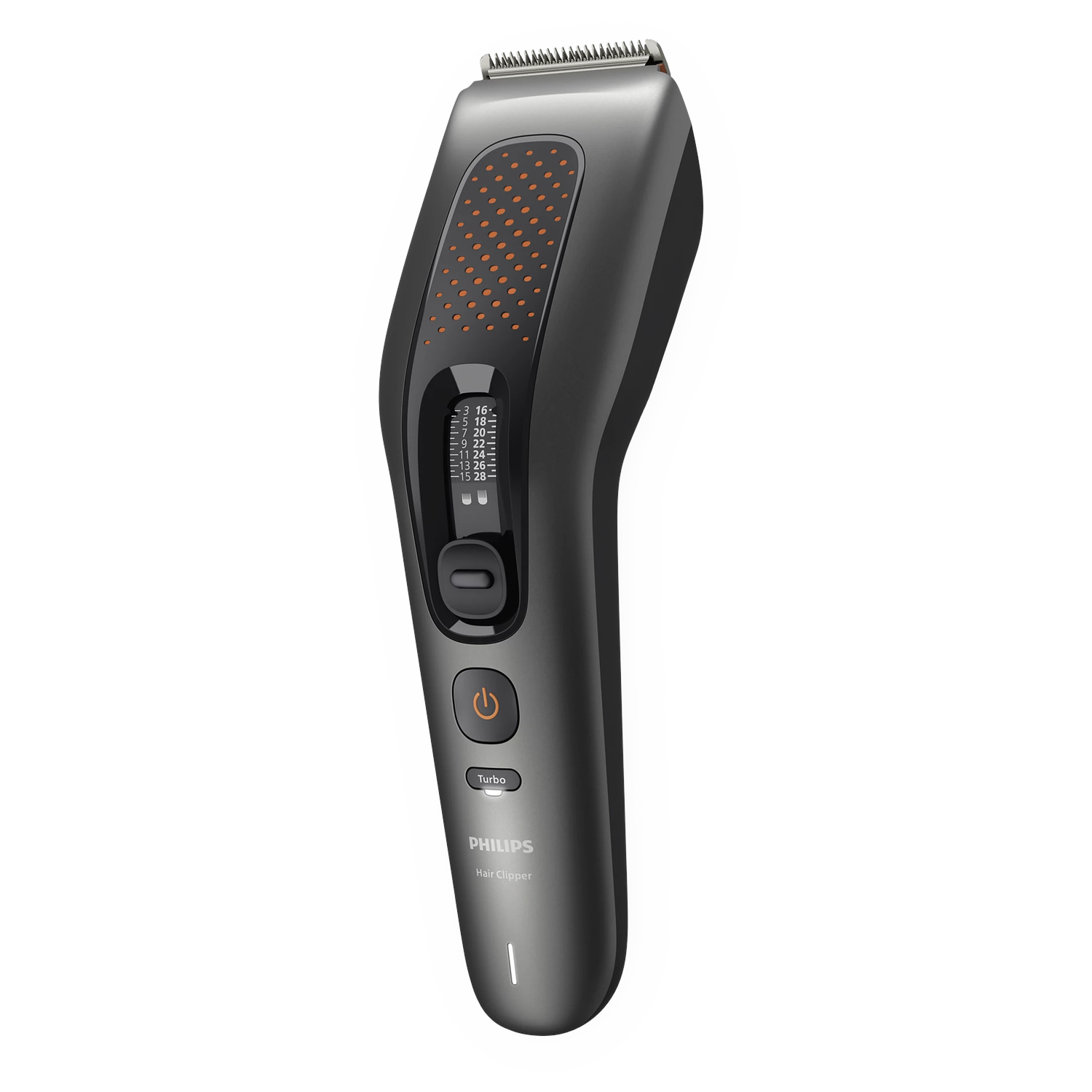 Une tondeuse à cheveux Philips grise avec un bouton d'alimentation orange et réglage de longueur sur fond noir.