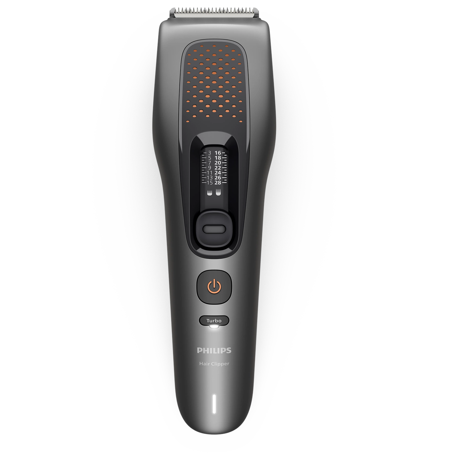 Tondeuse à cheveux Philips grise sur fond noir avec des accents orange et un réglage de longueur.