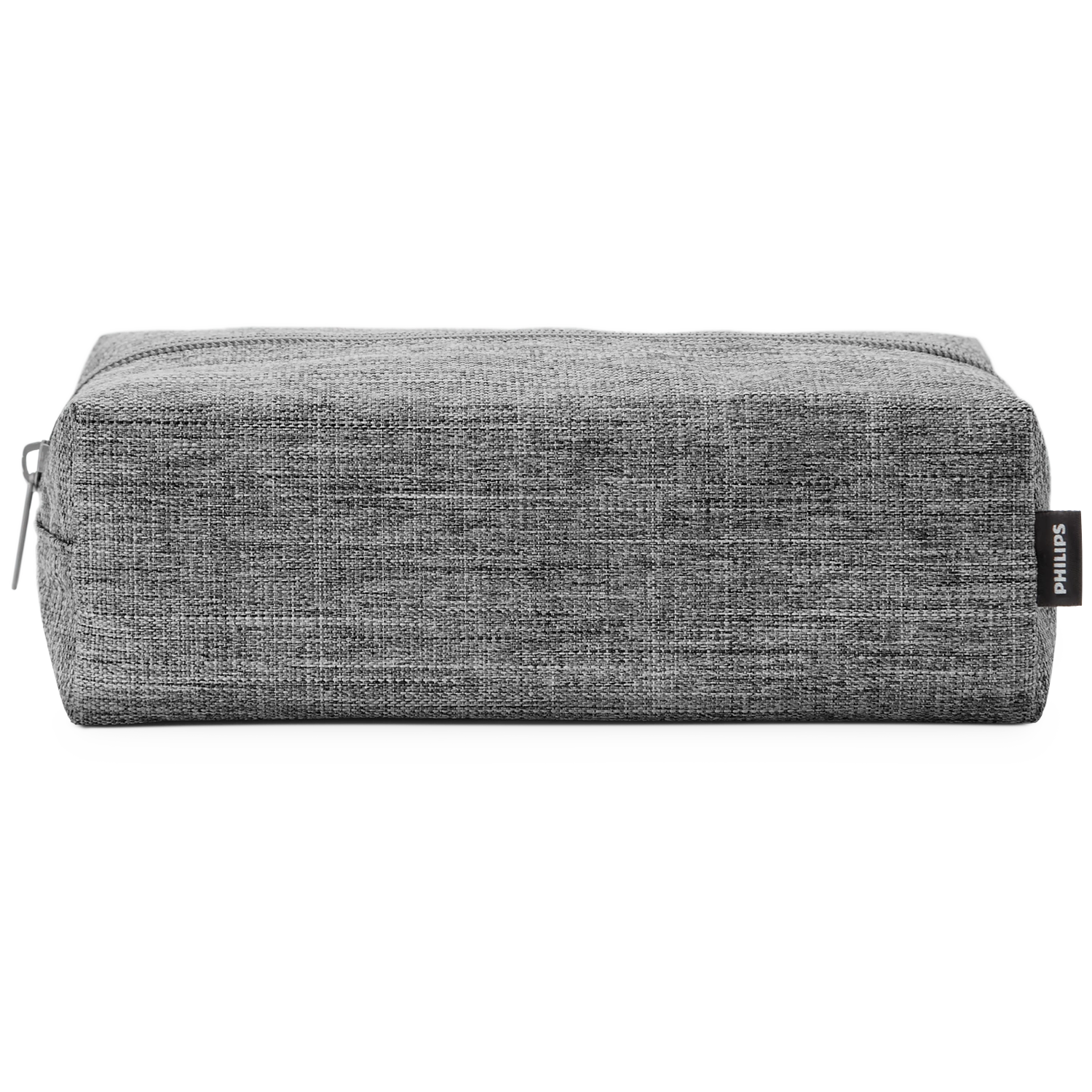 Une pochette en tissu gris rectangulaire avec une fermeture éclair et une petite étiquette Philips sur fond noir.