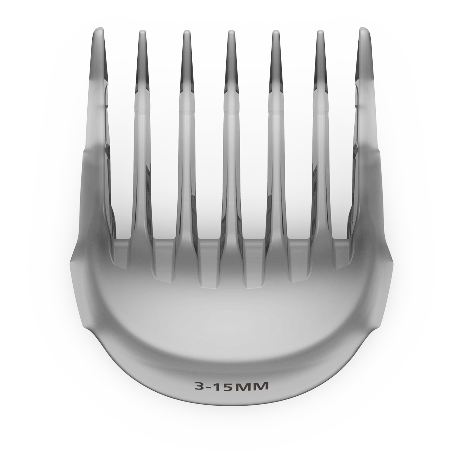 Sabot de tondeuse à cheveux noir avec sept longues dents et le texte 3-15MM sur fond noir.