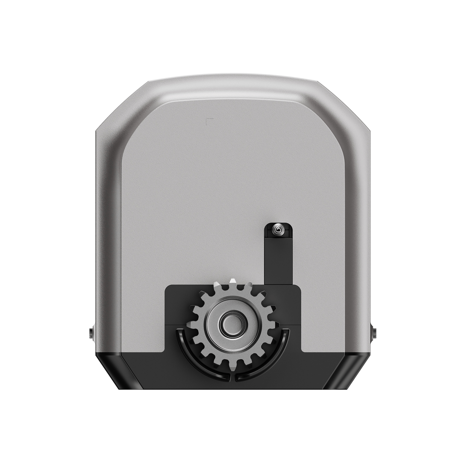 Motor de puerta eléctrica gris con un engranaje abajo y una cerradura arriba sobre fondo blanco.