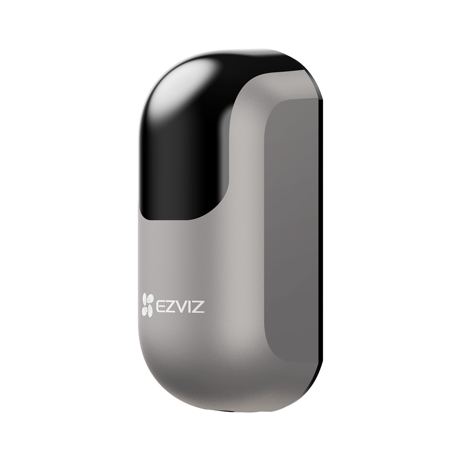 Un sensor gris con forma de cápsula, parte superior negra y logotipo blanco de EZVIZ sobre fondo blanco.
