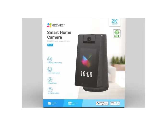 Embalaje de la EZVIZ Smart Home Camera S10 con foto del producto, pantalla táctil, hora y características sobre fondo blanco.