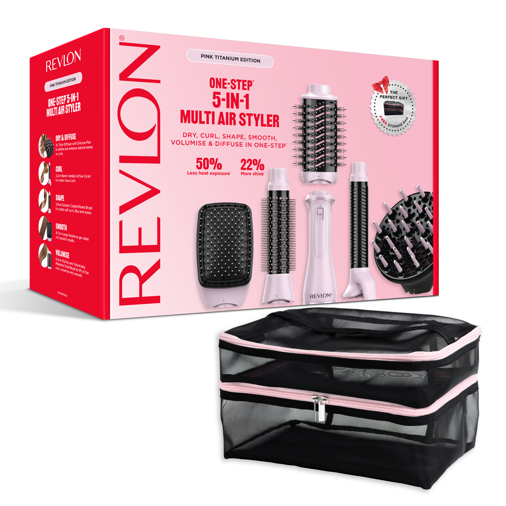Caja de moldeador Revlon 5 en 1 en rosa con varios accesorios y una bolsa de malla negra.