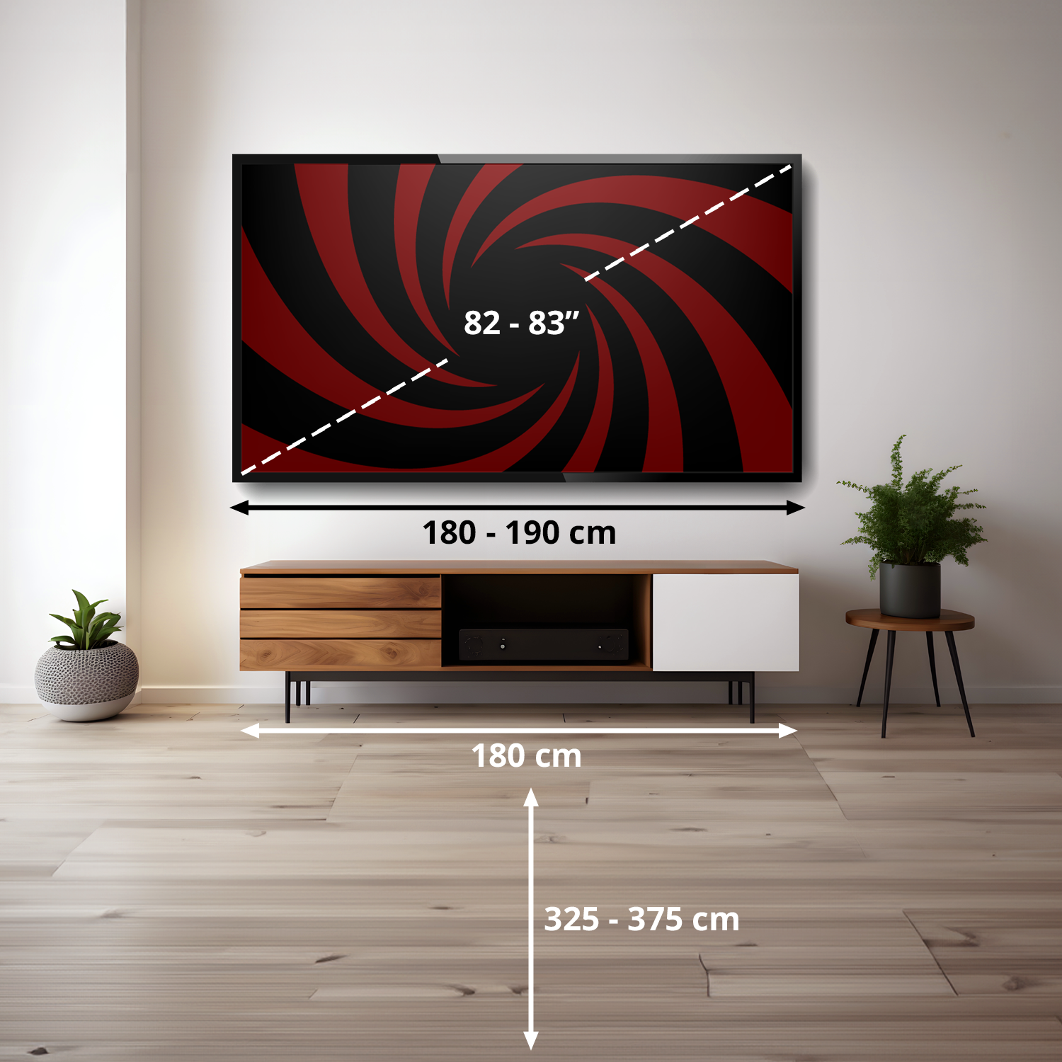 Sala de estar con TV, medidas indicadas para pantalla y mueble.
