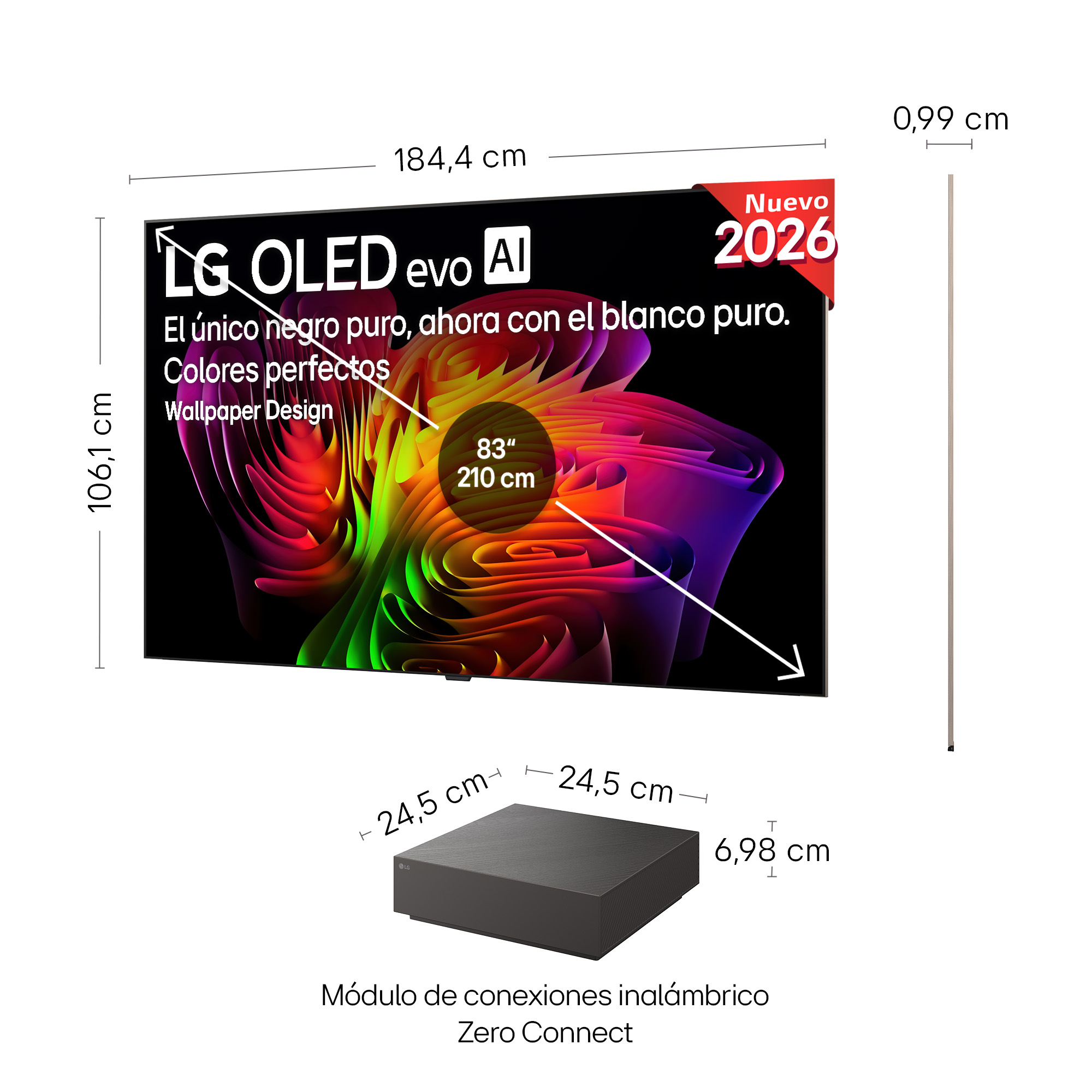 Esquema técnico de un televisor LG OLED Evo de 83 pulgadas con medidas y caja inalámbrica Zero Connect.