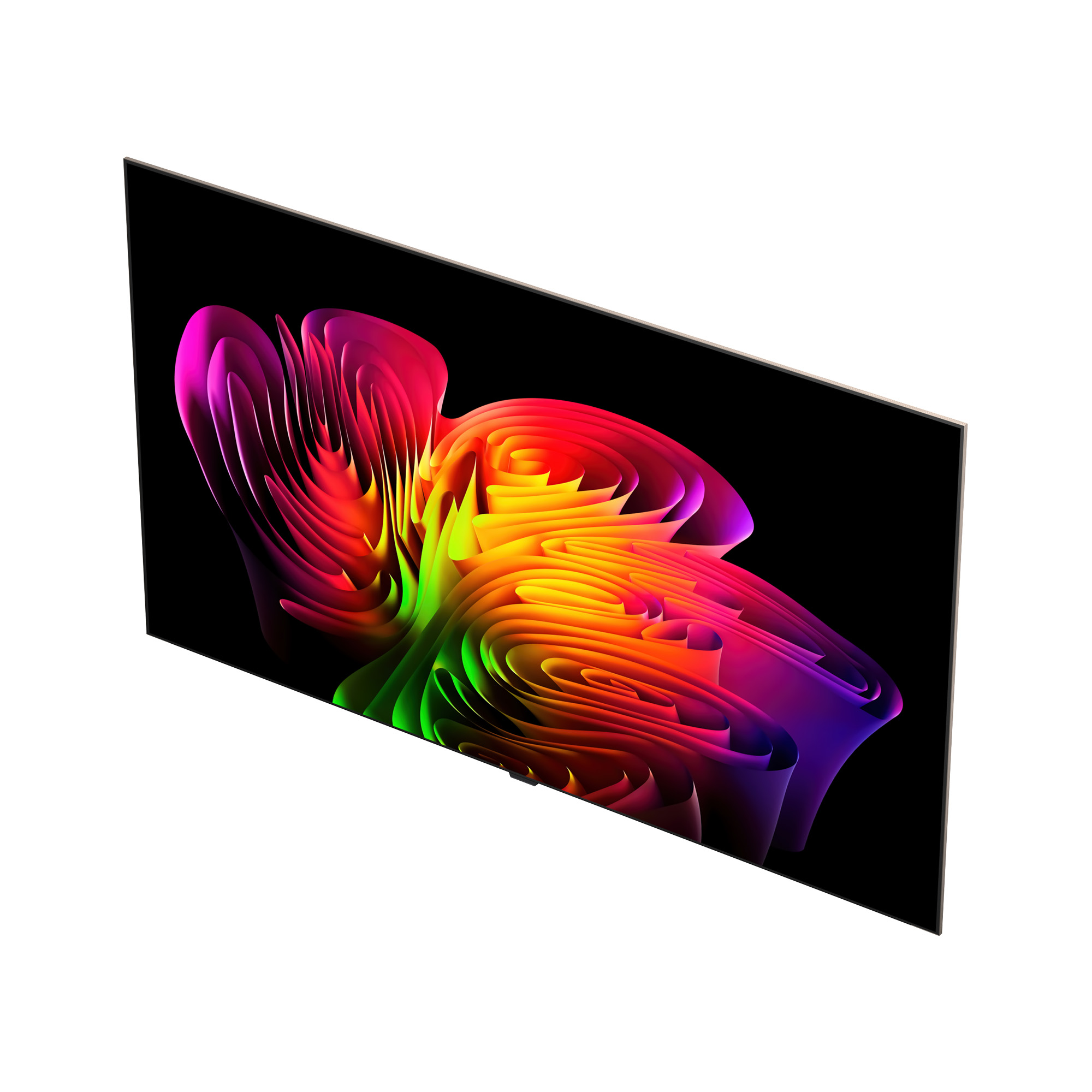 Un televisor delgado muestra una colorida ola abstracta de colores rosa, rojo, amarillo y verde sobre un fondo negro.
