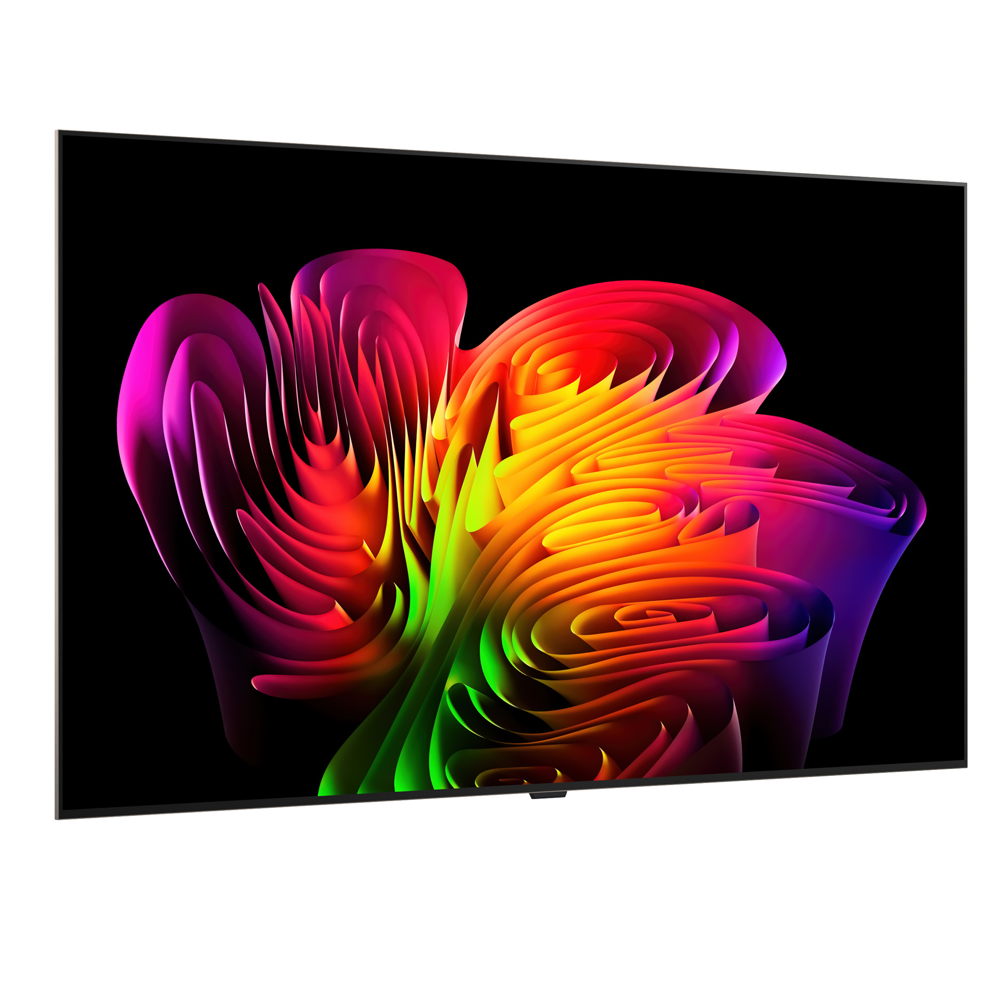 Un televisor con marco negro muestra una onda abstracta y multicolor de colores rojo, rosa y verde sobre fondo negro.