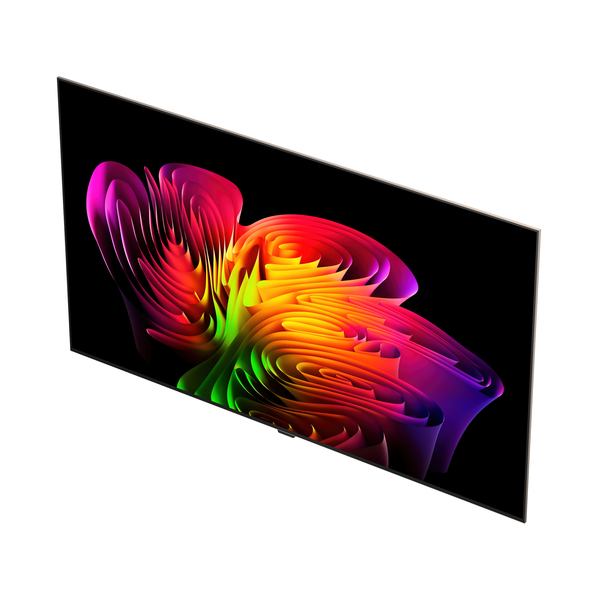Un televisor elegante muestra un patrón de ondas abstracto y colorido sobre fondo negro.