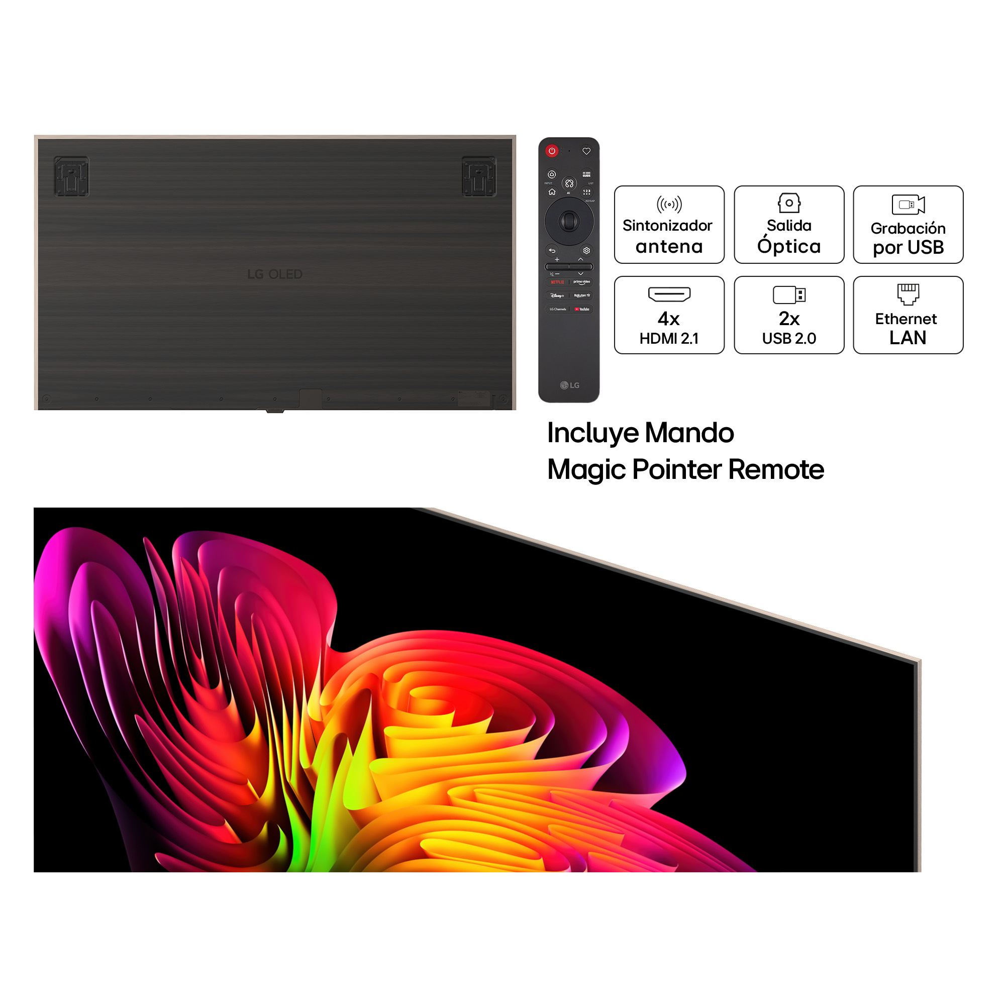Parte trasera de un TV LG OLED con mando e iconos de sintonizador, HDMI, USB y LAN.