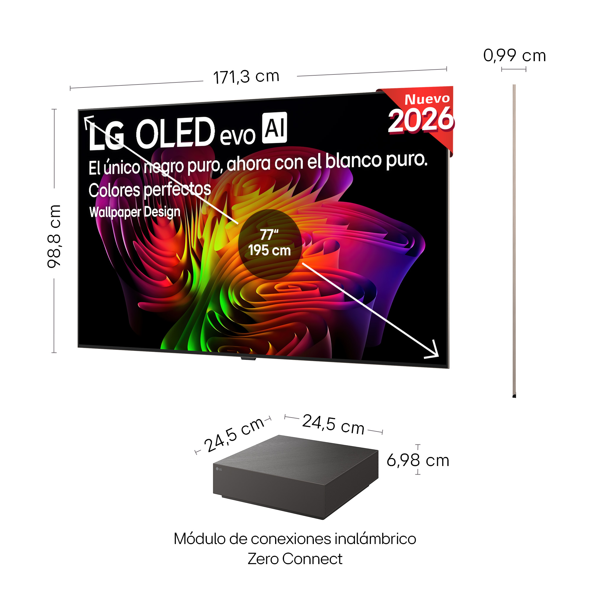Televisor LG OLED evo 2026 de 77 pulgadas con medidas y módulo inalámbrico Zero Connect.