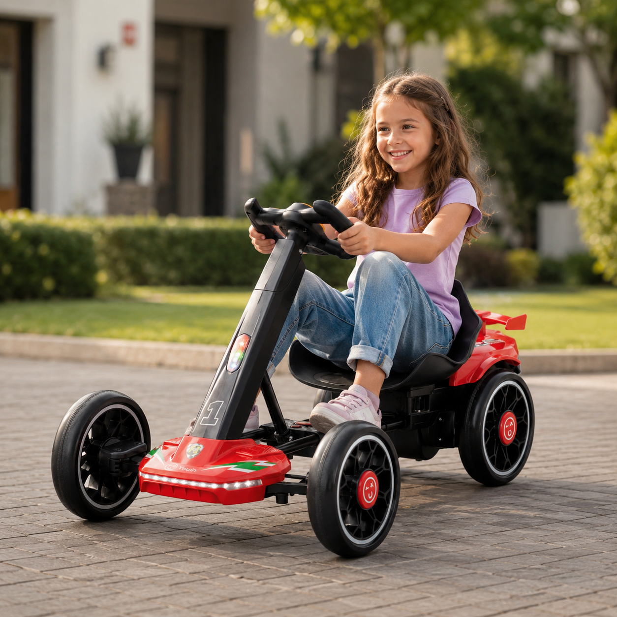 Una niña sonriente con cabello castaño conduce un kart rojo y negro al aire libre en una superficie pavimentada.