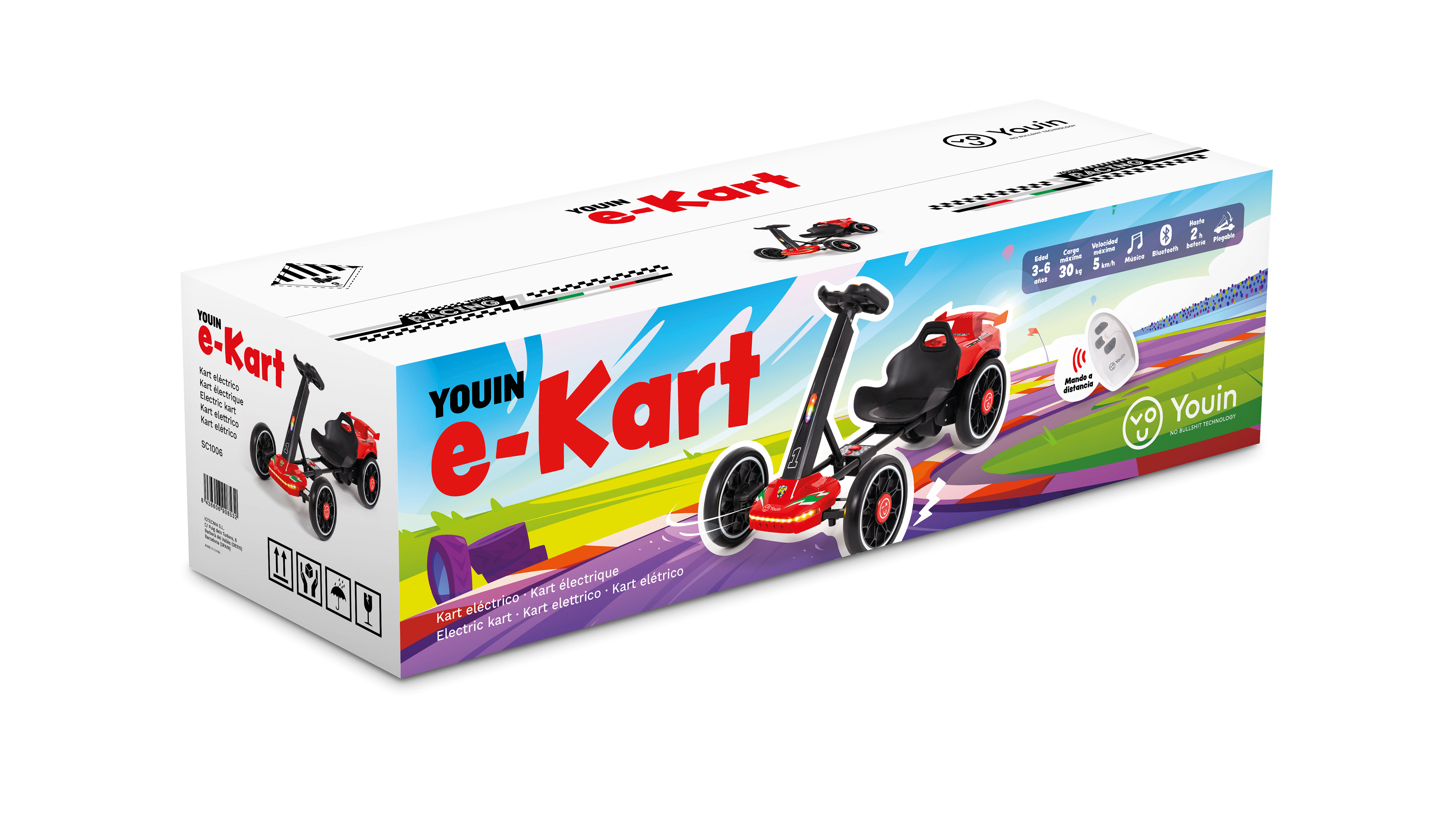 Embalaje para el kart eléctrico Youin e-Kart, con imágenes de producto sobre un fondo colorido y abstracto.