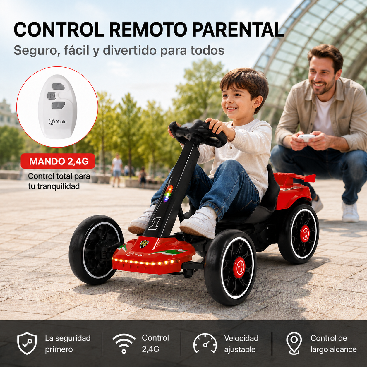 Un niño monta en un kart rojo mientras un hombre al fondo sostiene un control remoto.