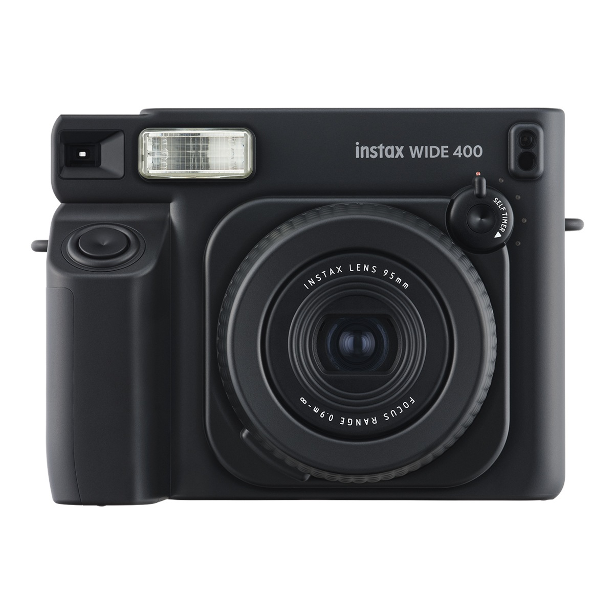 Una cámara instantánea Fujifilm Instax Wide 400 negra vista de frente sobre fondo blanco.