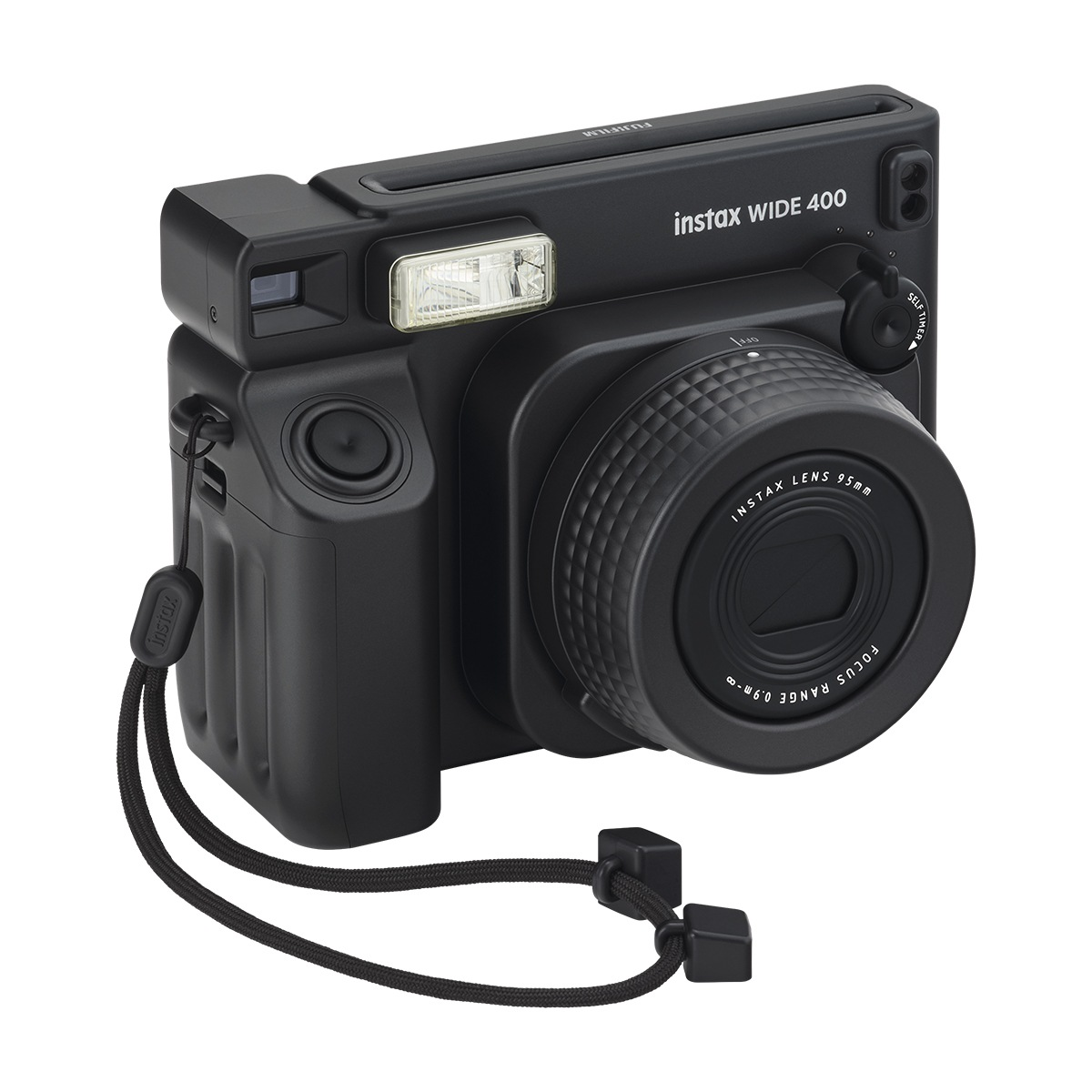Cámara instantánea Fujifilm Instax Wide 400 negra con lente grande, flash incorporado y correa.