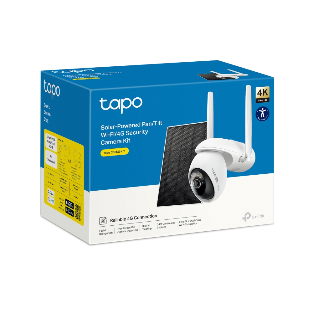 Caja de embalaje del kit de cámara de seguridad solar Tapo Wi-Fi/4G, con la cámara y el panel solar.