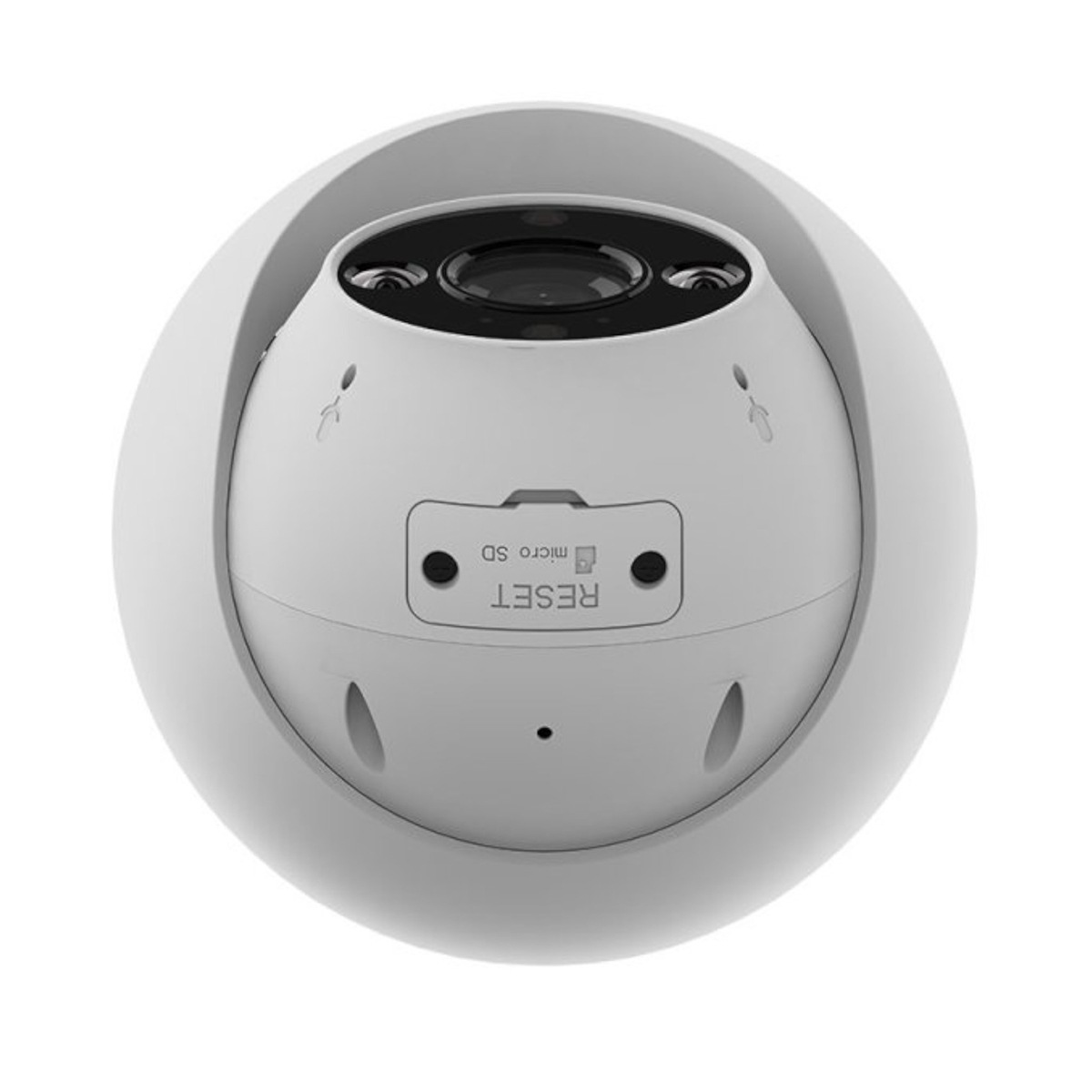 Cámara de seguridad blanca con lente y ranura para tarjeta microSD.