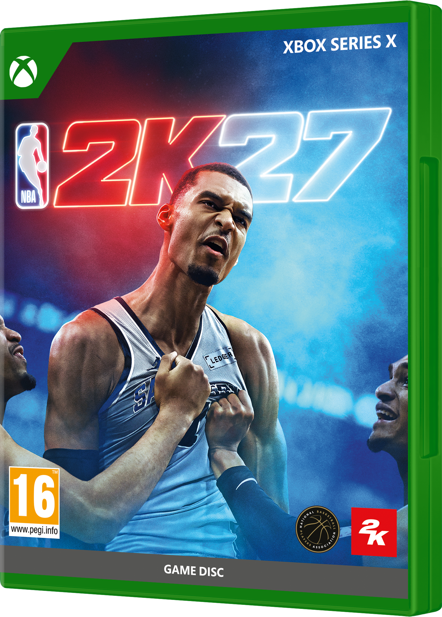 Xbox Series X Videospielhülle für NBA 2K27, die einen feiernden Basketballspieler in der Mitte zeigt.